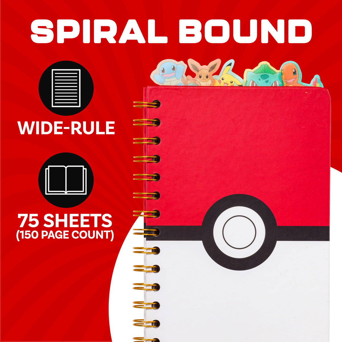 Silver Buffalo Pokémon Pokeball, Pikachu, Spiral Tabbed Notebook, 8" x 5"