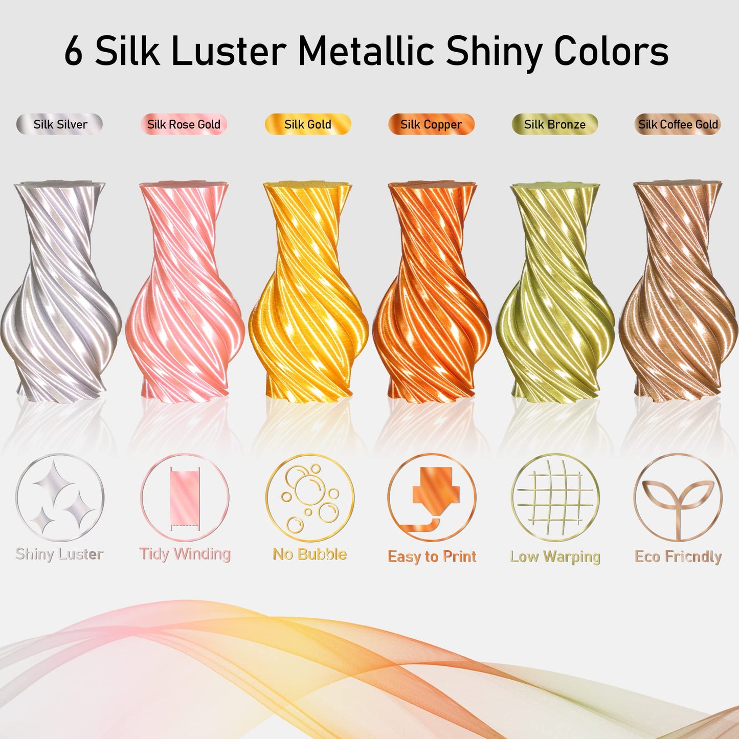 6 Spools 1.75mm Silk PLA 3D Printer Filament Bundle, 6 Metallic Shiny Colors