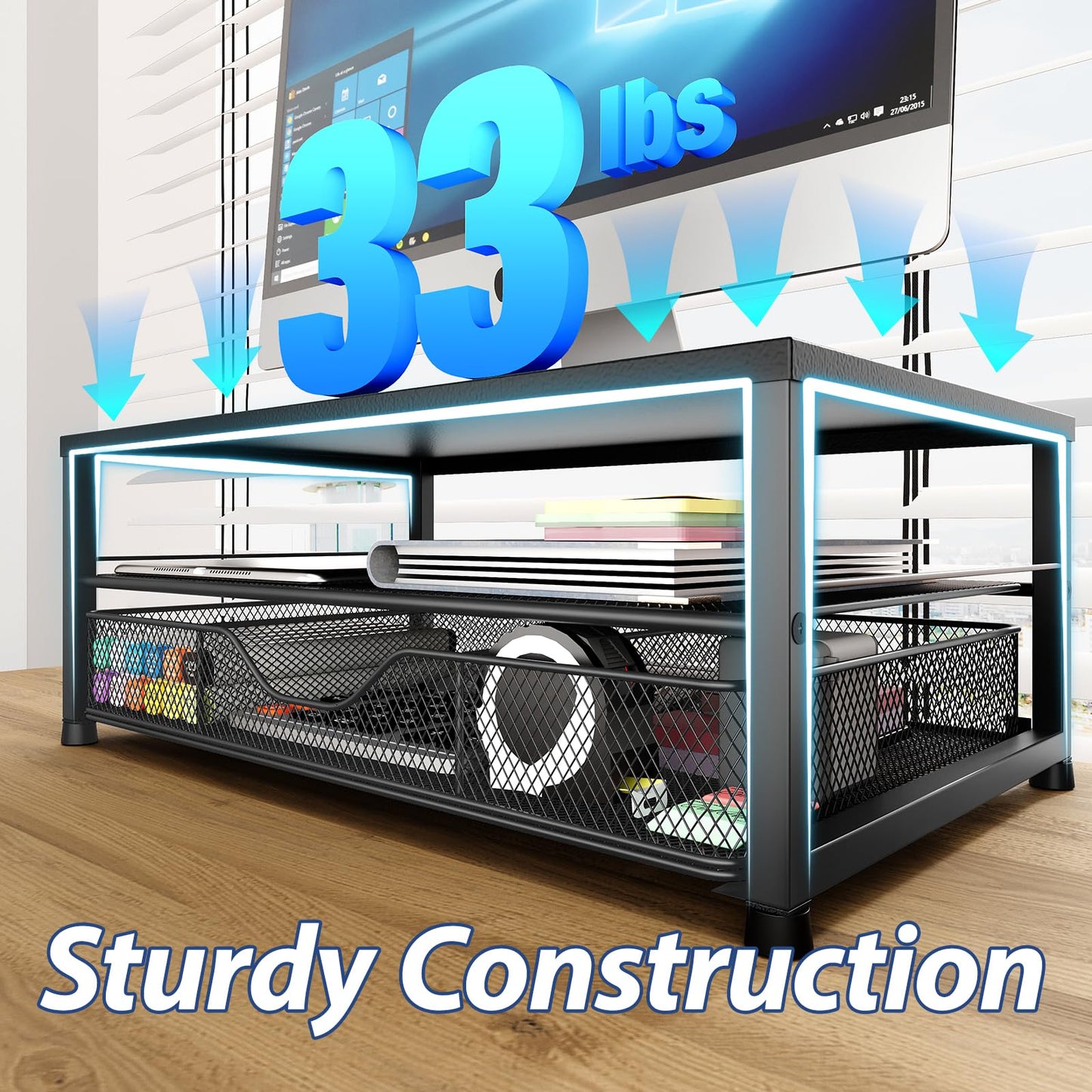 OPNICE Desk Organizer and Accessories, 2-Tier Computer Monitor Stand Riser with Drawer and 2 Pen Holders, Laptop Stand, Office Desk Accessories for Office Supplies, Black