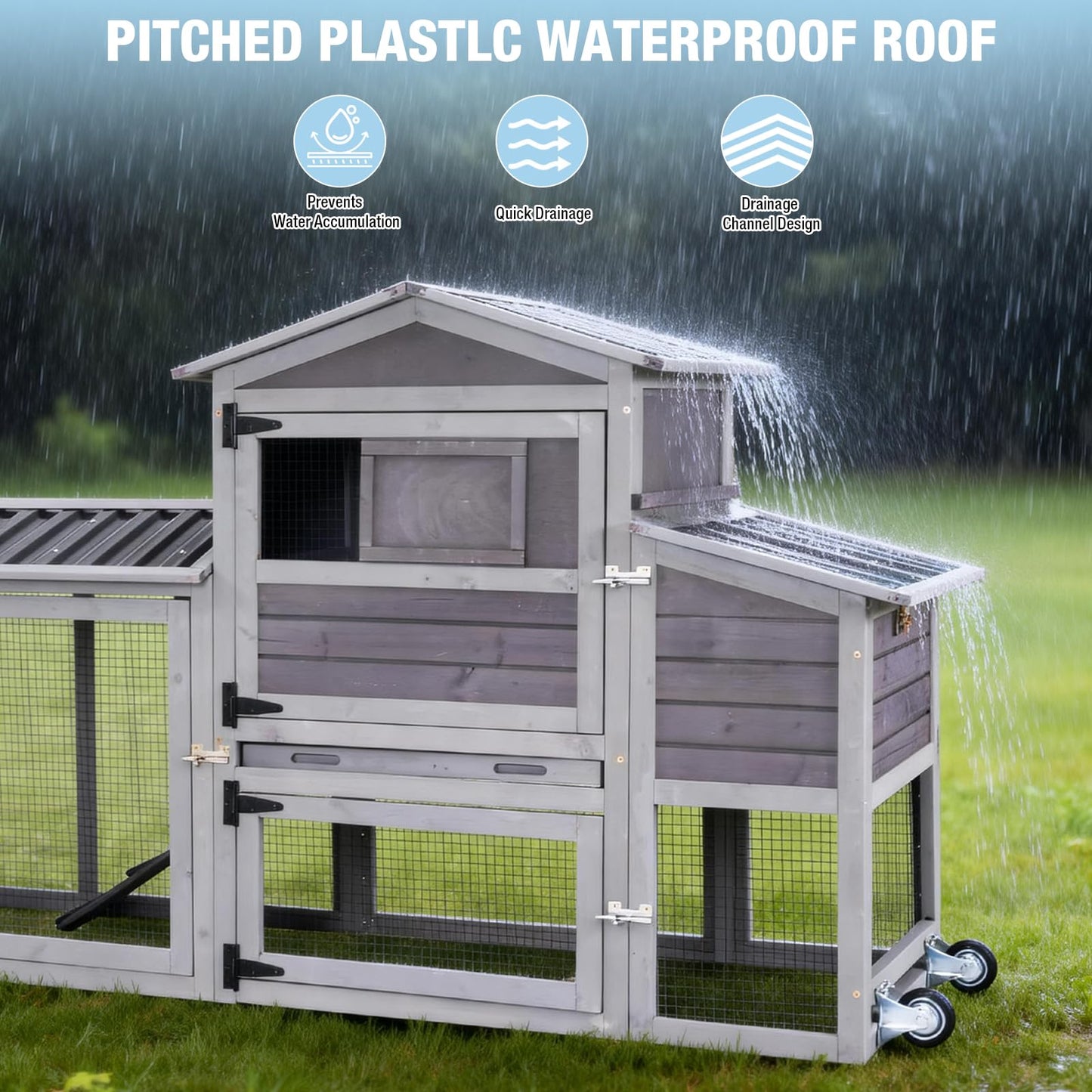 Large Chicken Coop with Run, 80.5’’ Chicken Tractor with Wheels, Wooden Hen House Poultry Cage with Plastic Waterproof Roof and Nesting Box, Leakproof Pull-Out Tray