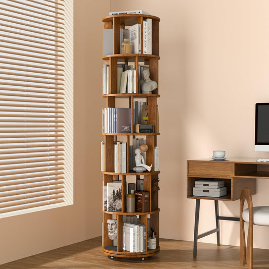 6 Tier Solid Wood Rotating Bookshelf on Wheels — Walnut