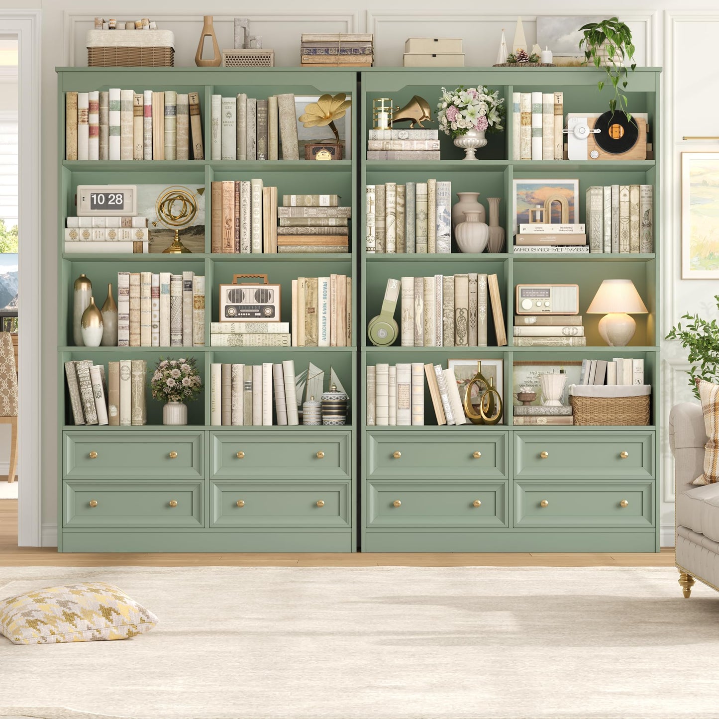 FINETONES 71" Tall Bookshelf with 4 Drawers, 6-Tier Double Wide Bookshelves and Bookcases with Storage, Green Bookshelf Large Open Bookshelves Standing Book Cabinet for Home Office