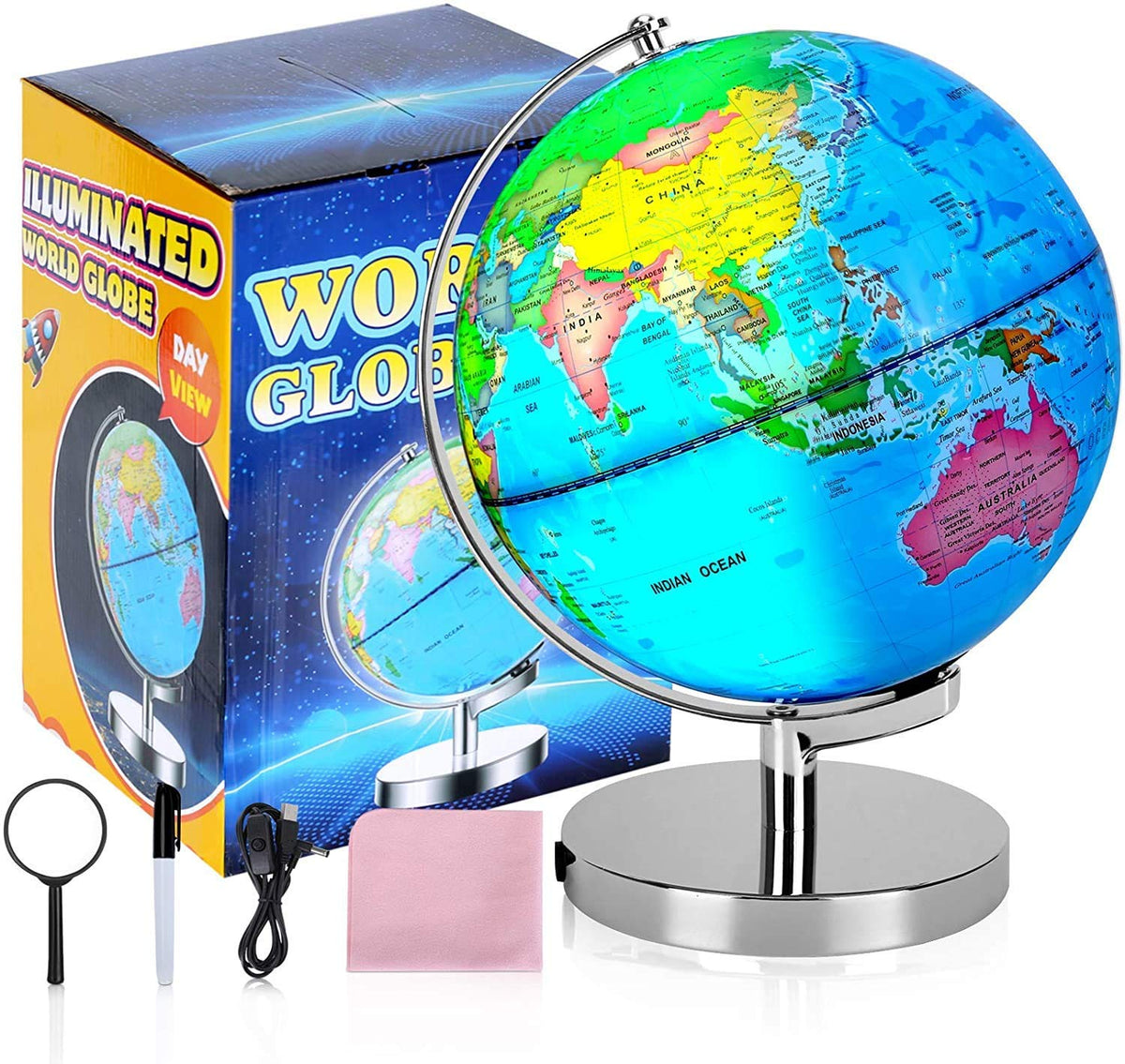 POOCCI 8-Inch Illuminated World Globe for Kids and Adults, Writable Political Map with LED Night Light, Magnifying Glass and Marker, Educational Globe for Home and Classroom