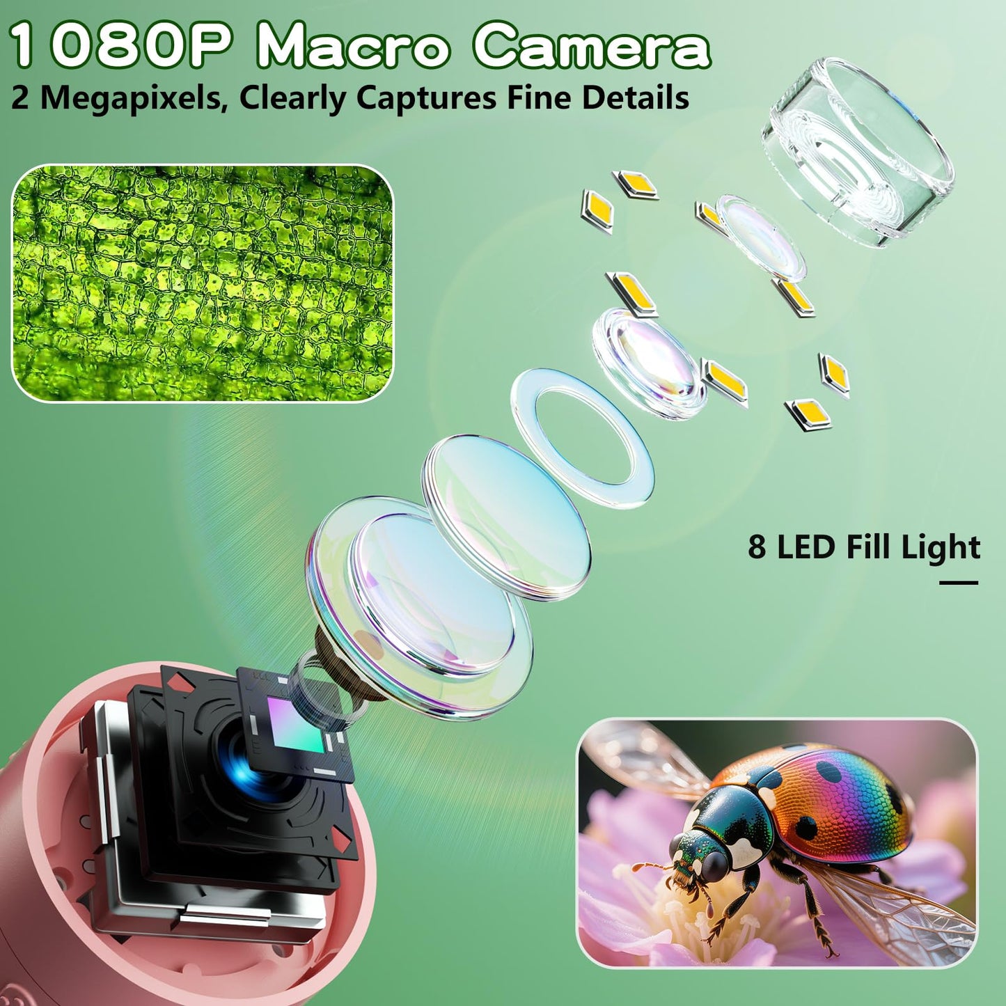 Odatay Microscope for Kids with 12 Slides, 100X-1000X 1080P Digital Handheld Kids Microscope, Mini Portable Pocket Miniscope Science Toys Gifts for 3+ 4 5 6 7 8 9 10 11 12 Year Old Boys Girls, Pink