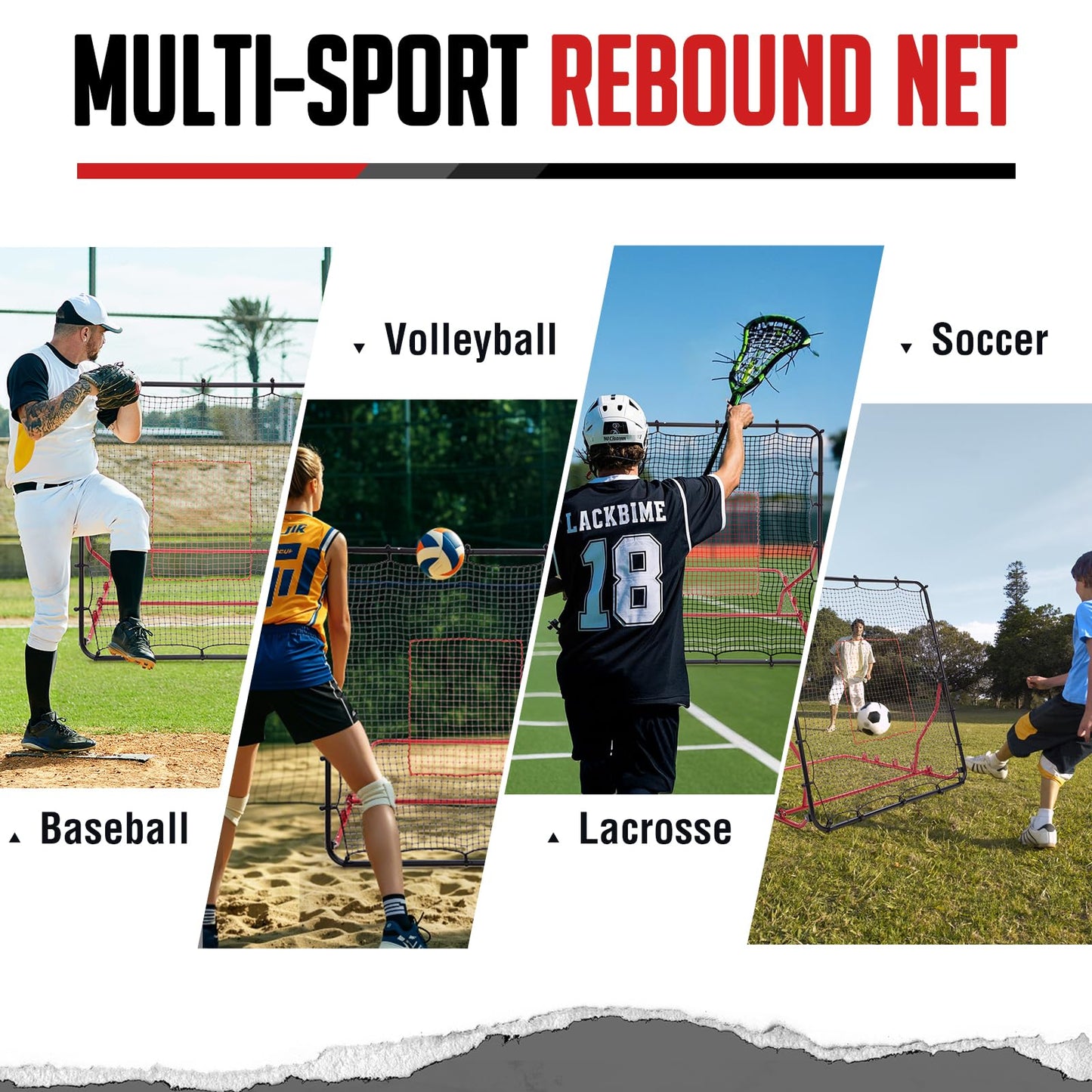 Baseball Rebounder Net, 5 Adjustable Angles 4x4.5FT Pitch Back Baseball Softball Volleyball Rebounder with 2 Strike Zones
