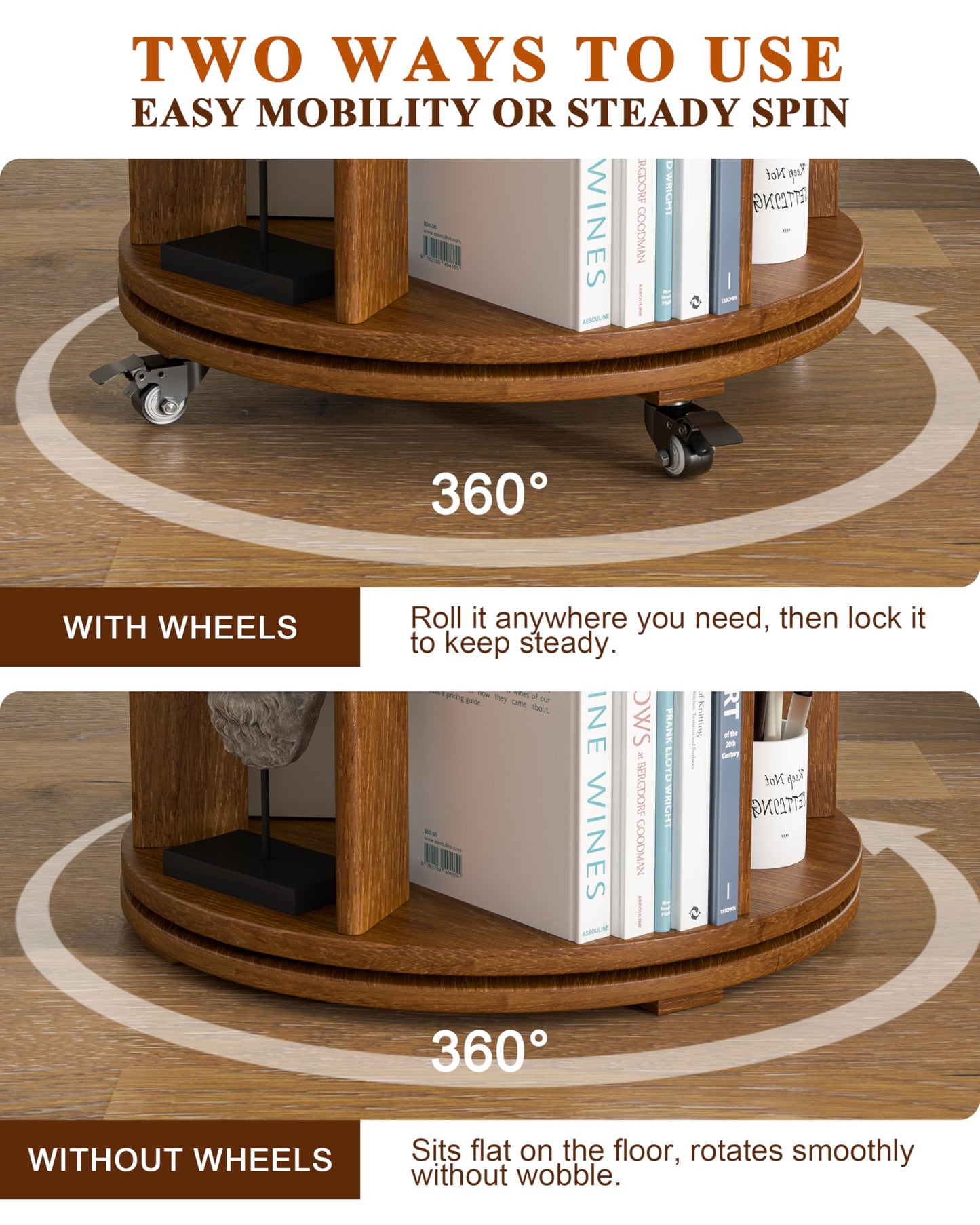 6 Tier Solid Wood Rotating Bookshelf on Wheels — Walnut