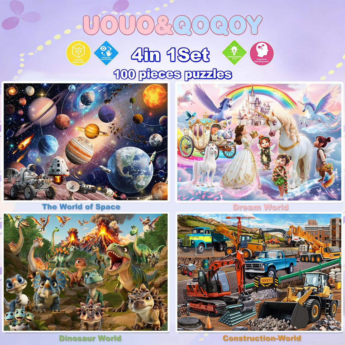 4 Packs 100 Piece Puzzles- space, unicorn dinosaur, equipment