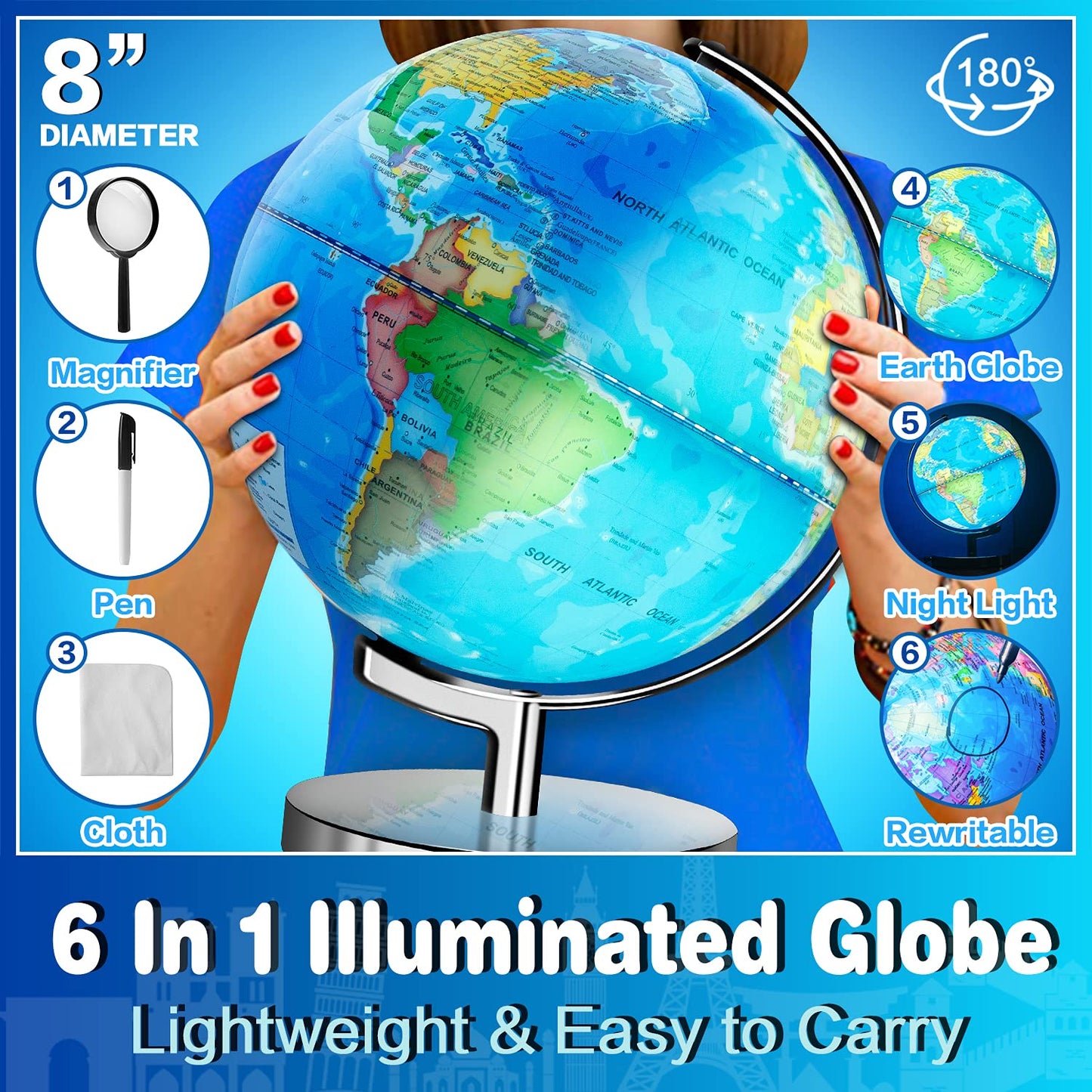 POOCCI 8-Inch Illuminated World Globe for Kids and Adults, Writable Political Map with LED Night Light, Magnifying Glass and Marker, Educational Globe for Home and Classroom