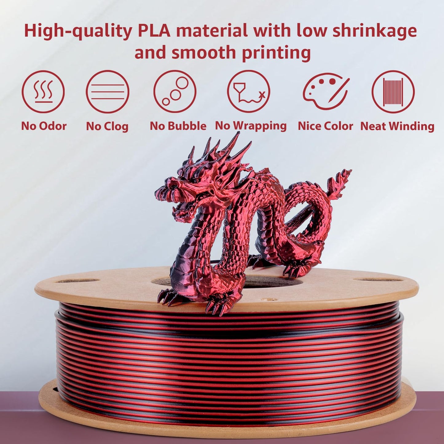 Silk Dual Color PLA+ 3D Printer Filament 1.75mm, Black+Red