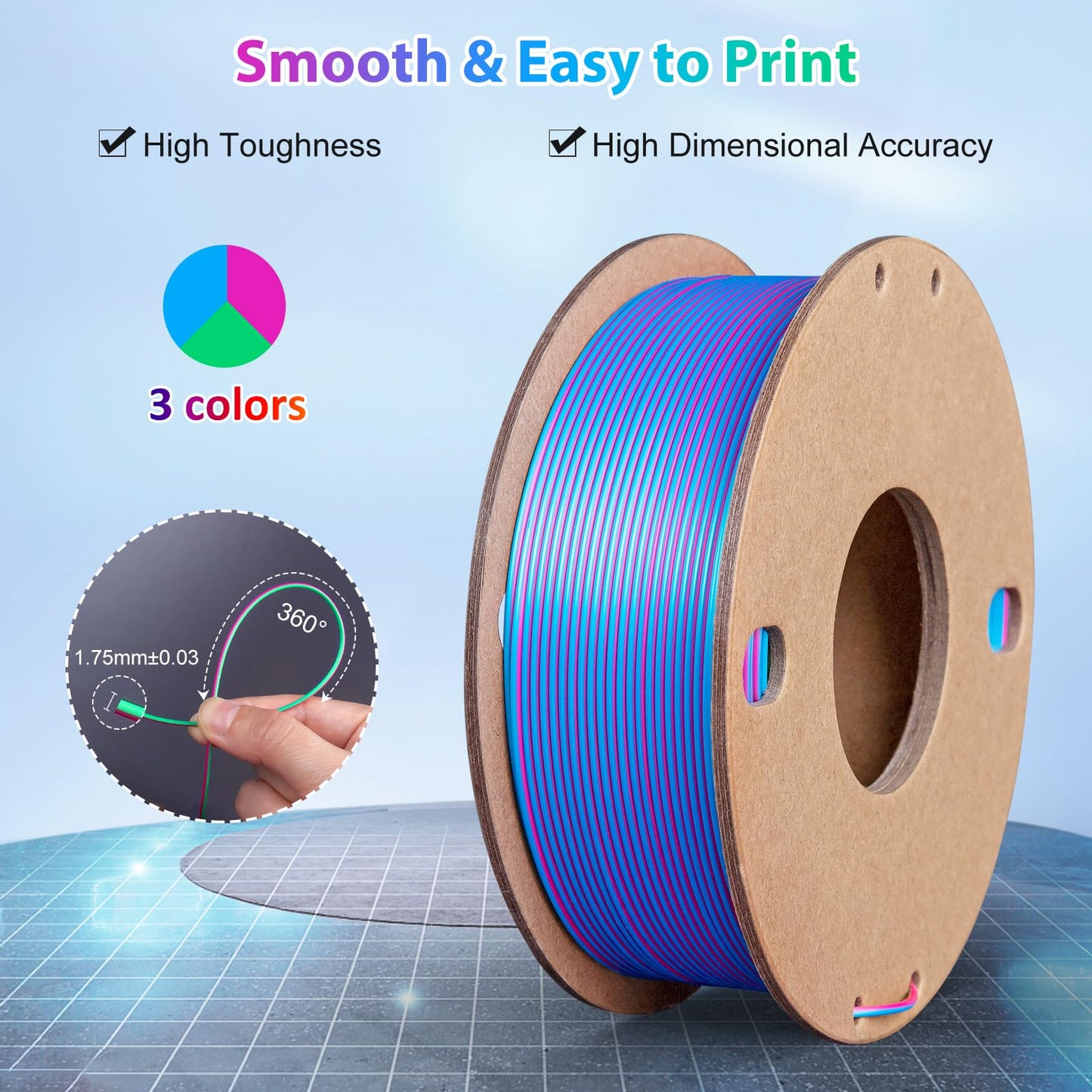 Silk PLA 3D Printer Filament- Triple Color- Rose Red, Sky Blue, Green