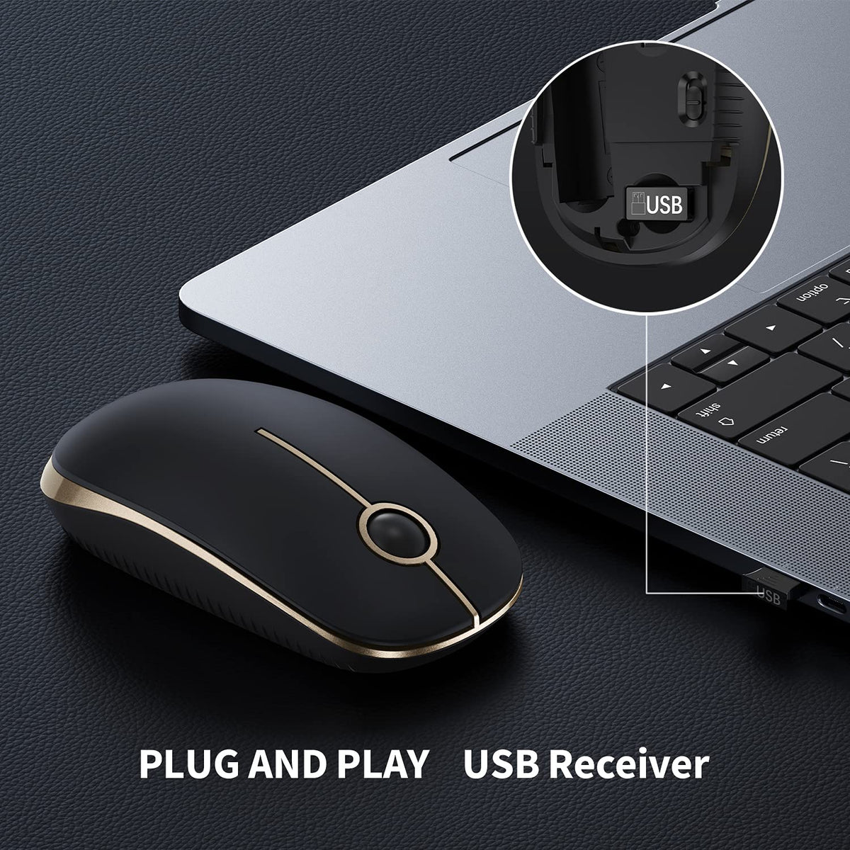 VssoPlor Wireless Mouse, 2.4G Slim Computer Laptop Mouse, Black and Gold