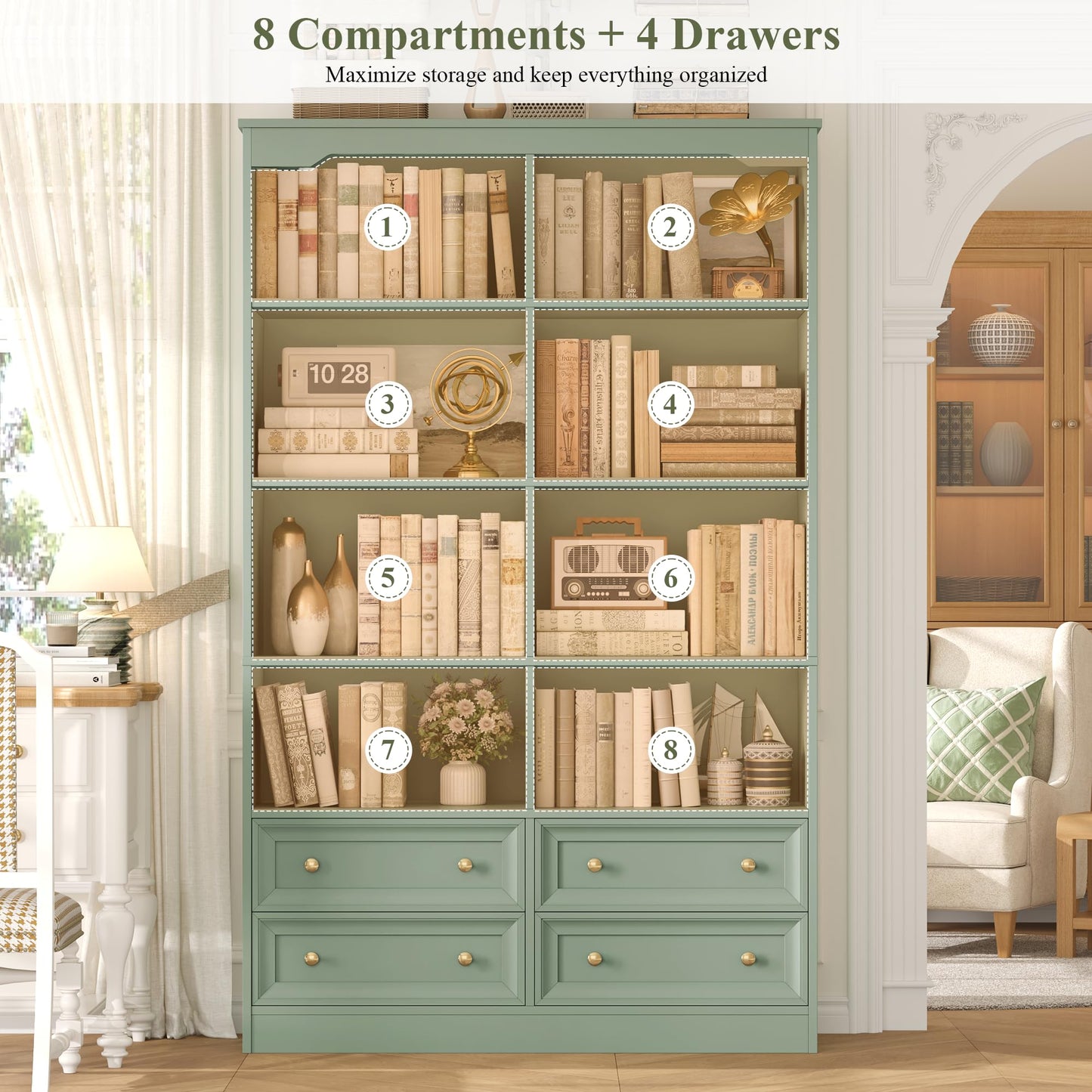 FINETONES 71" Tall Bookshelf with 4 Drawers, 6-Tier Double Wide Bookshelves and Bookcases with Storage, Green Bookshelf Large Open Bookshelves Standing Book Cabinet for Home Office