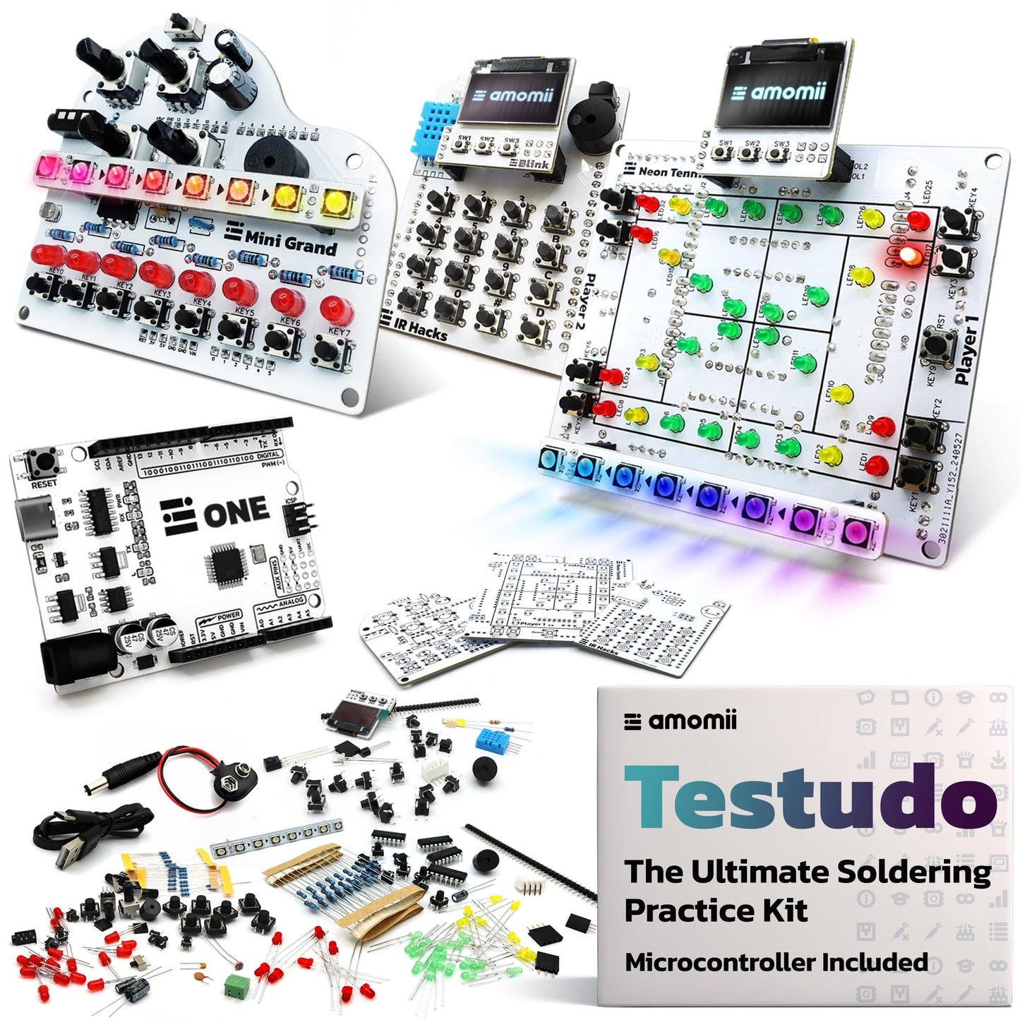 Soldering Practice Kit. Build 3 Gadgets: Digital Piano, Game Console & Keypad. With Arduino Compatible microcontroller, PDF and video tutorials