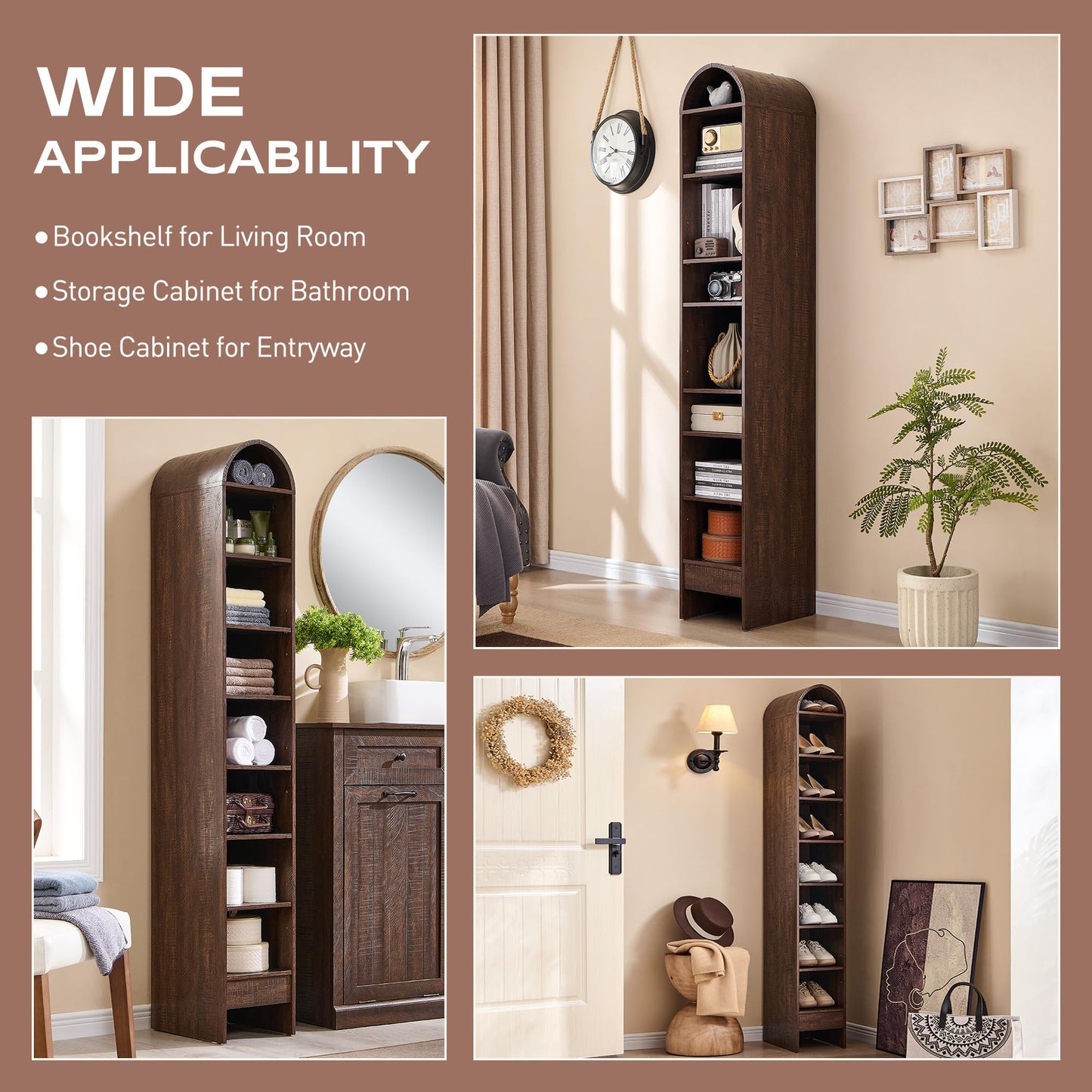 Narrow- 67" Tall Arched Bookshelf, 8 Tiers Arch Bookcase with Storage