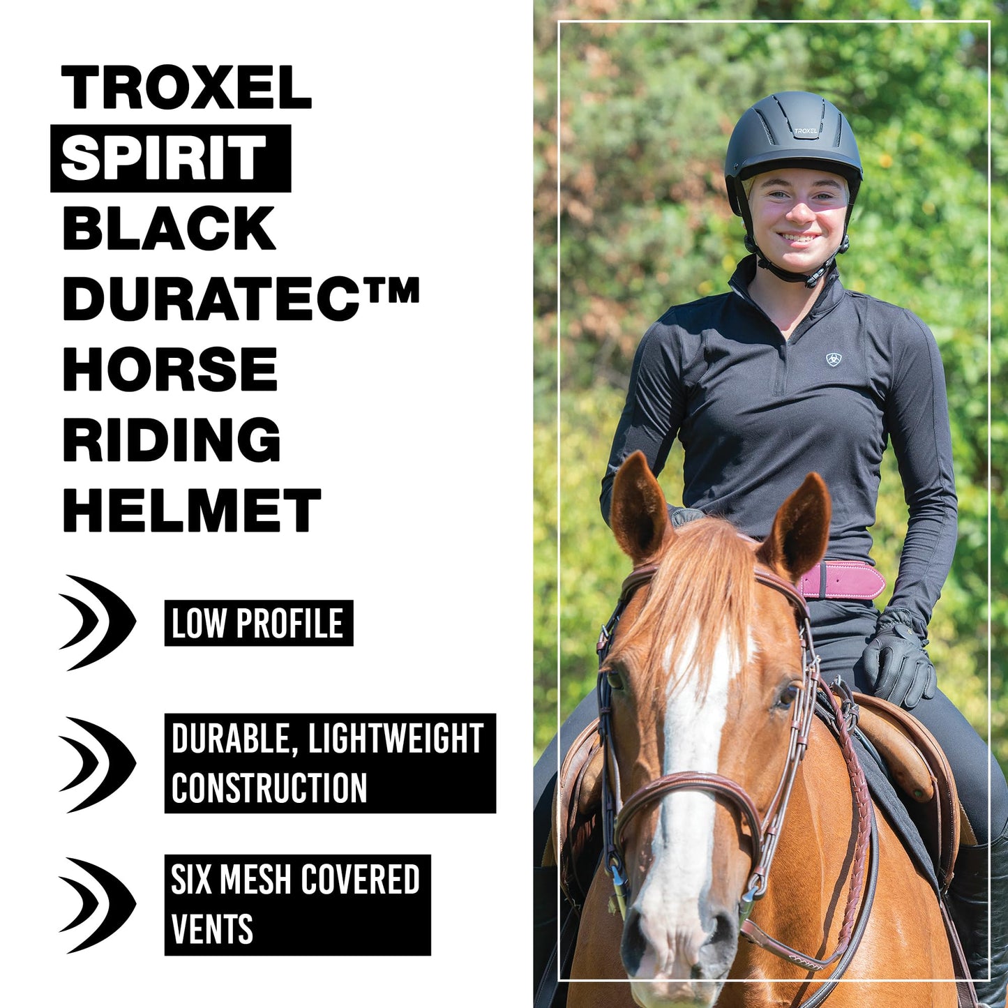 Troxel Spirit Full Coverage Horse Riding Helmet, Low-Profile Adjustable Design, Safety Horseback Riding Gear, Small (6-1/2 - 6-7/8), Black Duratec
