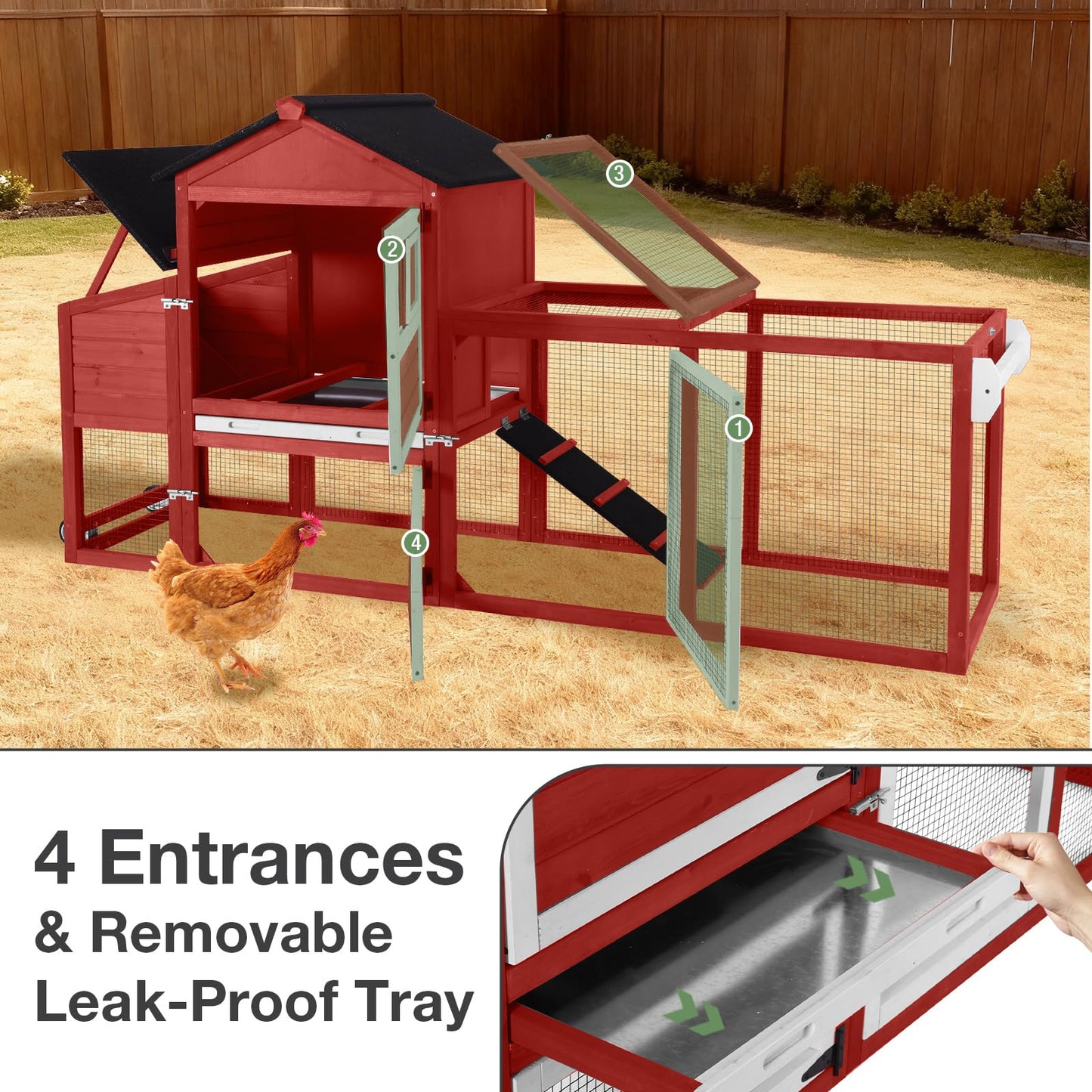 Large Mobile Chicken Coop Wooden with Wheels- 2–3 Chickens & Ducks