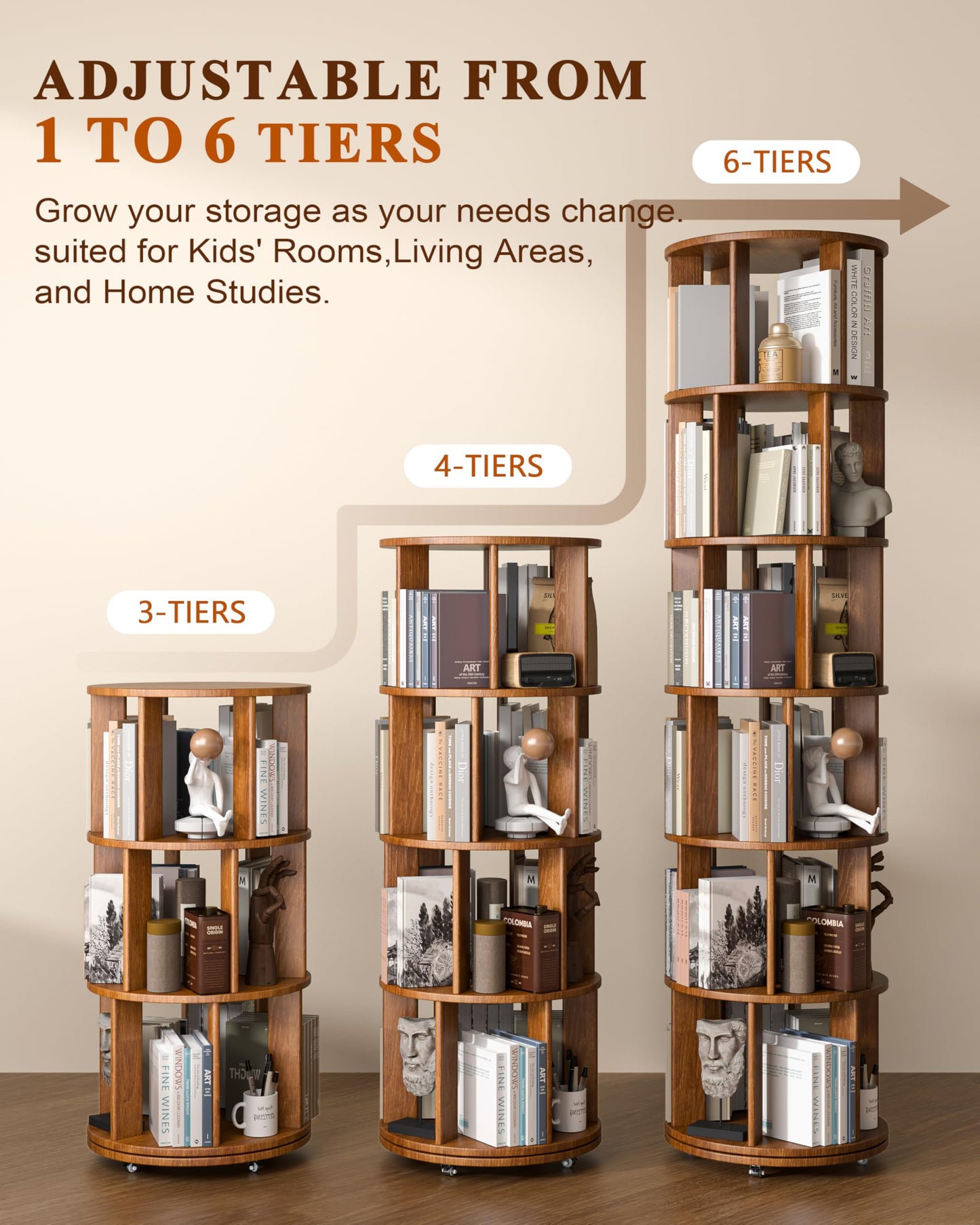 6 Tier Solid Wood Rotating Bookshelf on Wheels — Walnut