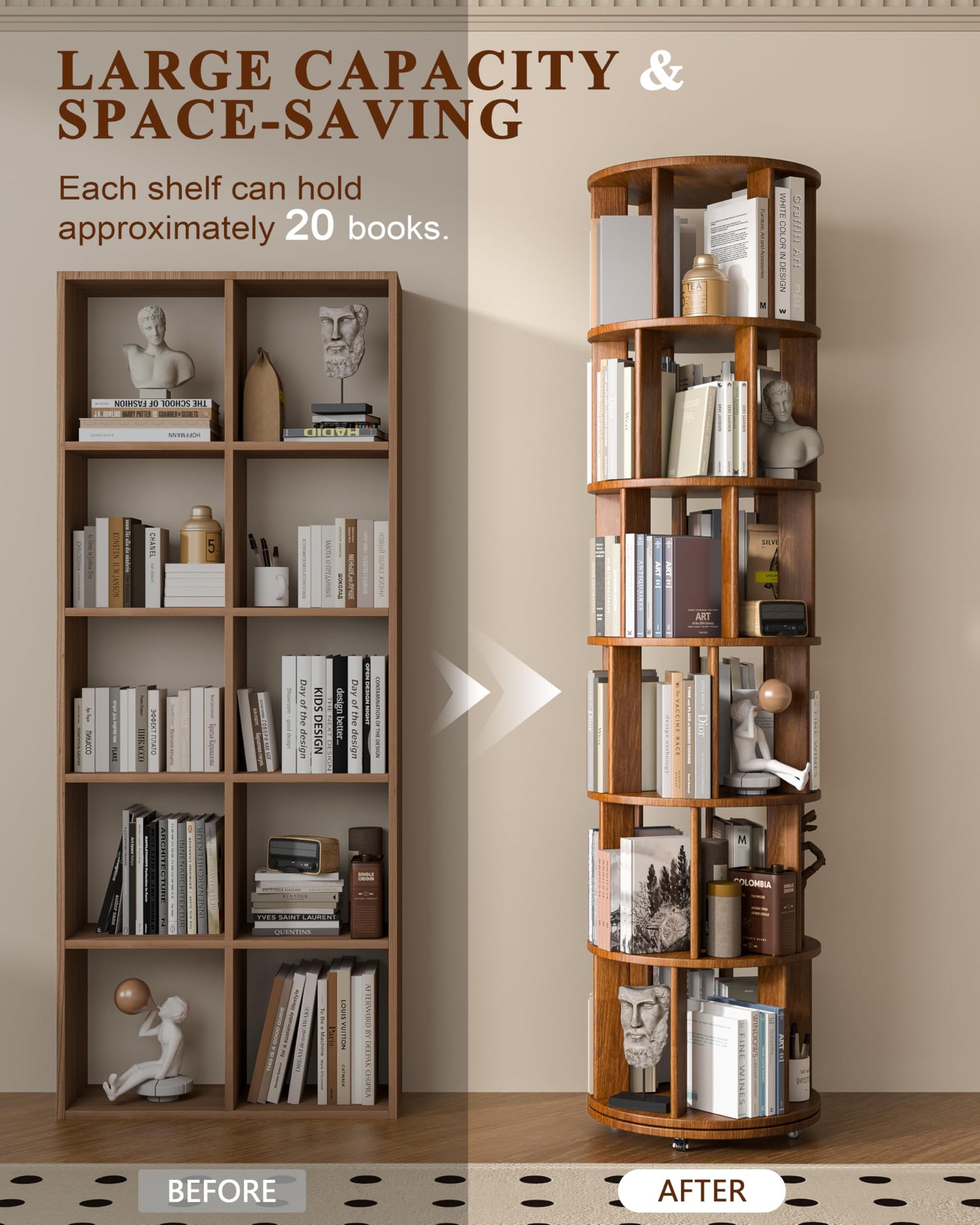 6 Tier Solid Wood Rotating Bookshelf on Wheels — Walnut