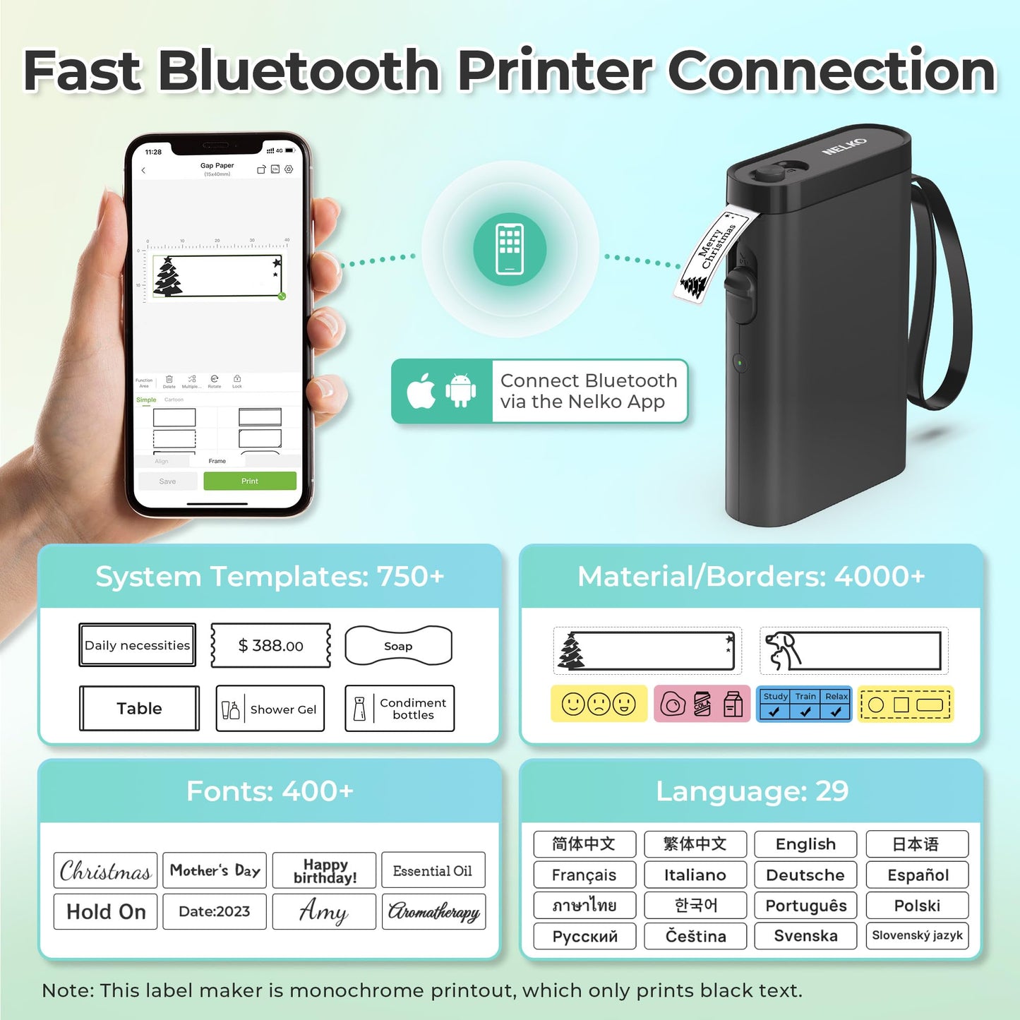 Nelko P21 Label Maker Machine with Tape, Bluetooth Label Printer, Black