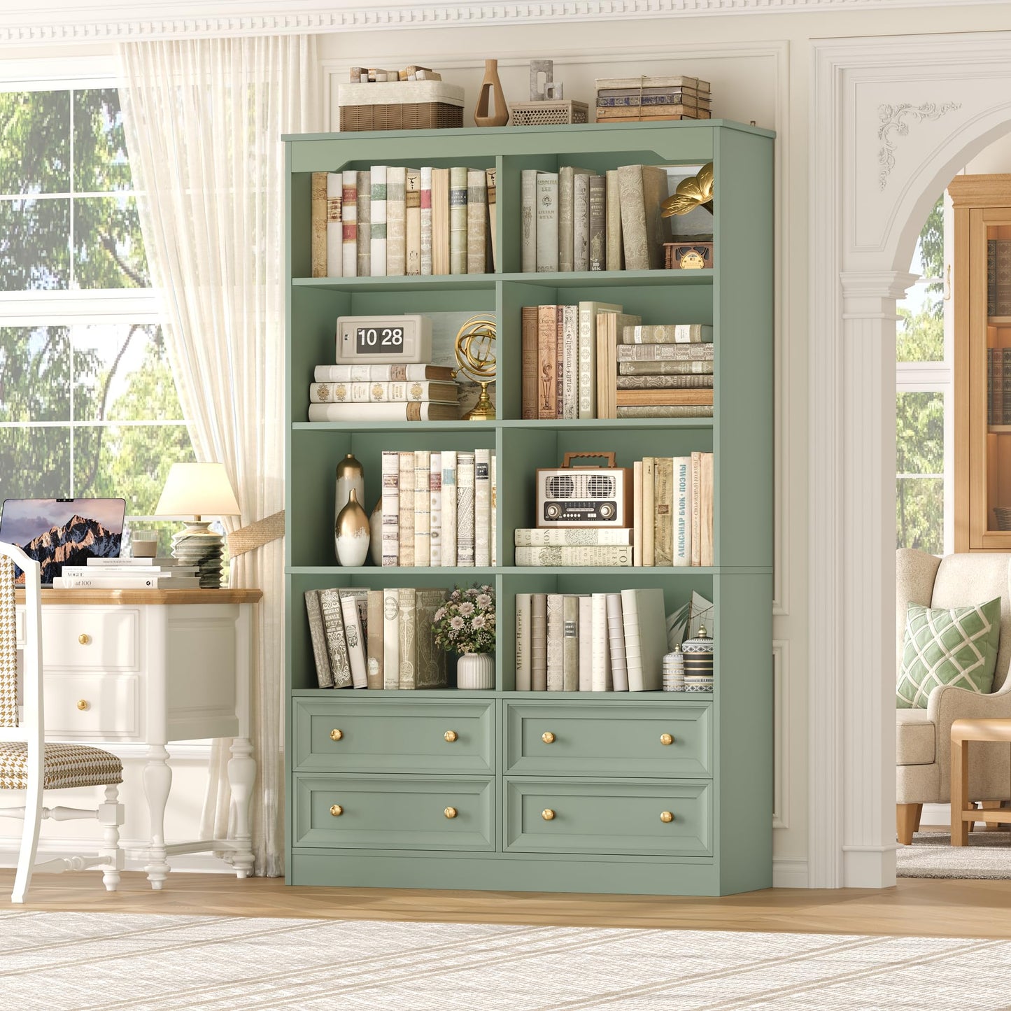 FINETONES 71" Tall Bookshelf with 4 Drawers, 6-Tier Double Wide Bookshelves and Bookcases with Storage, Green Bookshelf Large Open Bookshelves Standing Book Cabinet for Home Office