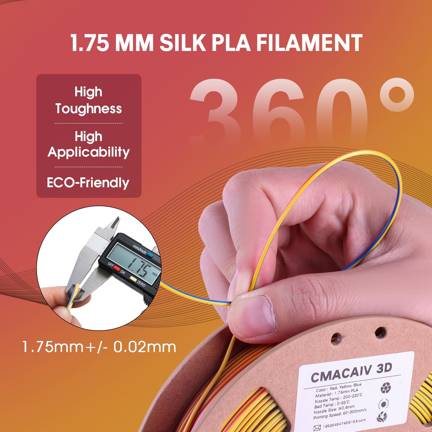 Raw Materials Silk PLA 3D Printer Filament, Shiny Three-Colour PLA Filament