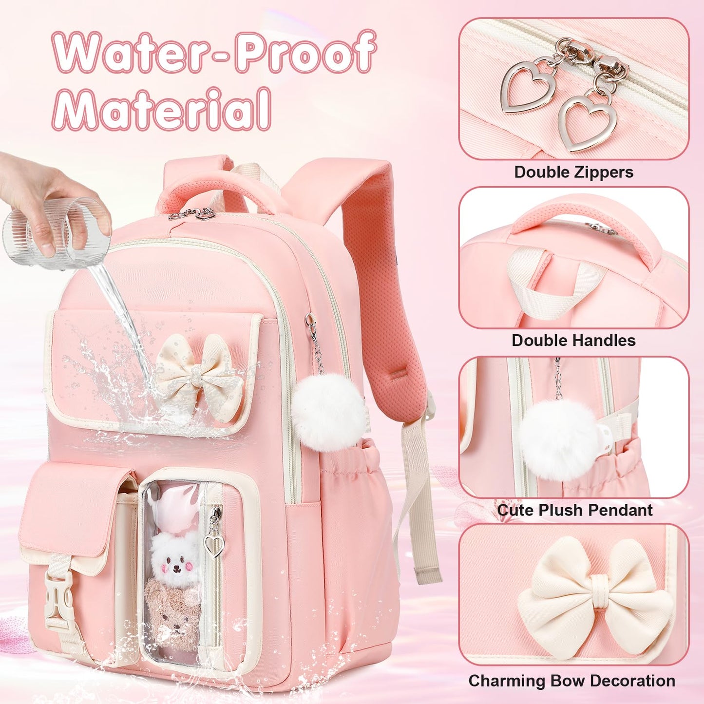 GeeWin Girls Backpack for School Cute Bow with Lunch Box & Pencil Case Set- Pink Beige