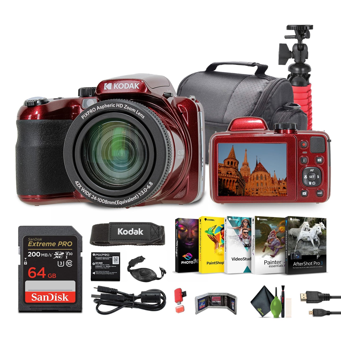 Kodak PIXPRO AZ425 20MP Vlogging Digital Camera (Red) with Accessories