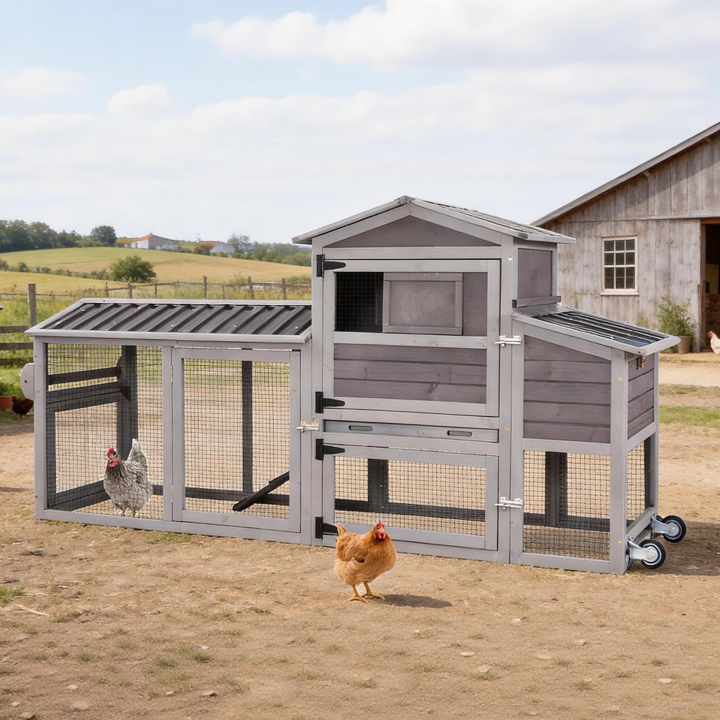 Large Chicken Coop with Run, 80.5’’ Chicken Tractor with Wheels, Wooden Hen House Poultry Cage with Plastic Waterproof Roof and Nesting Box, Leakproof Pull-Out Tray