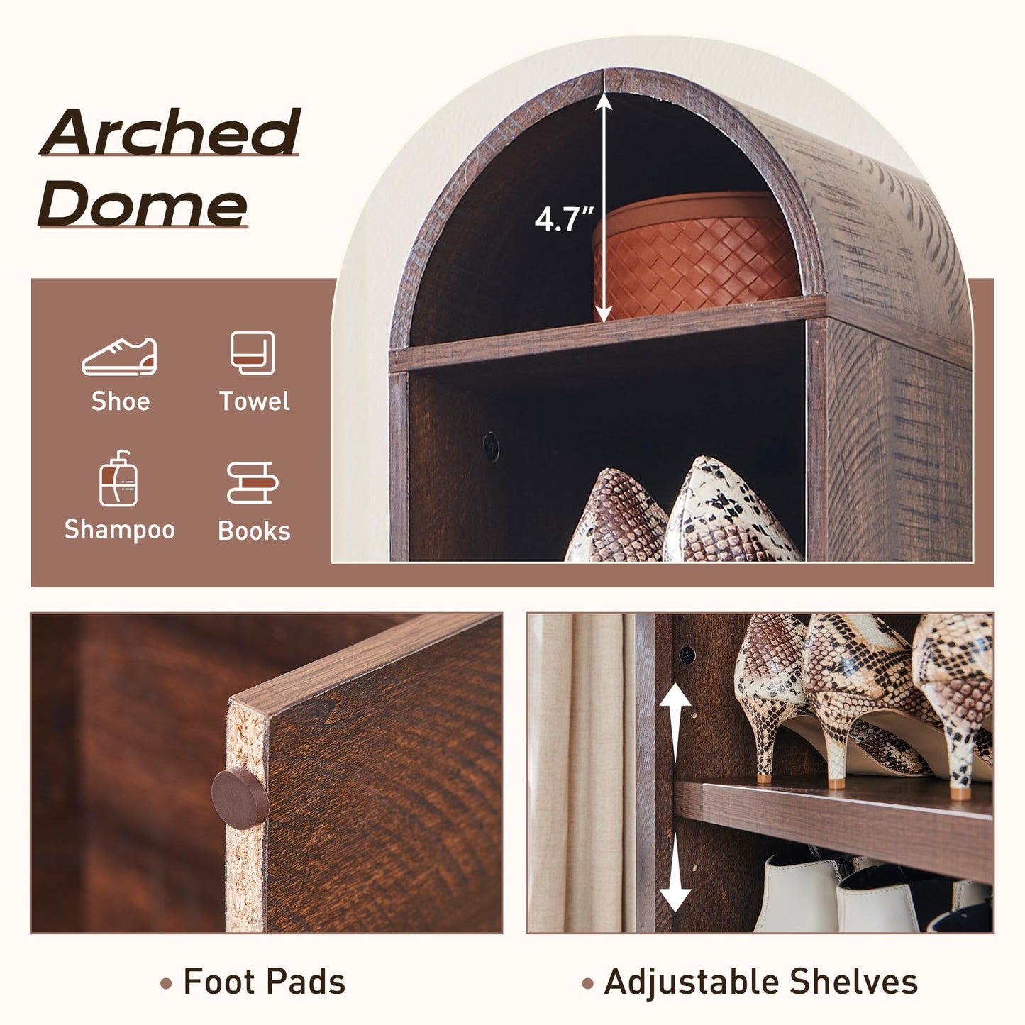 Narrow- 67" Tall Arched Bookshelf, 8 Tiers Arch Bookcase with Storage