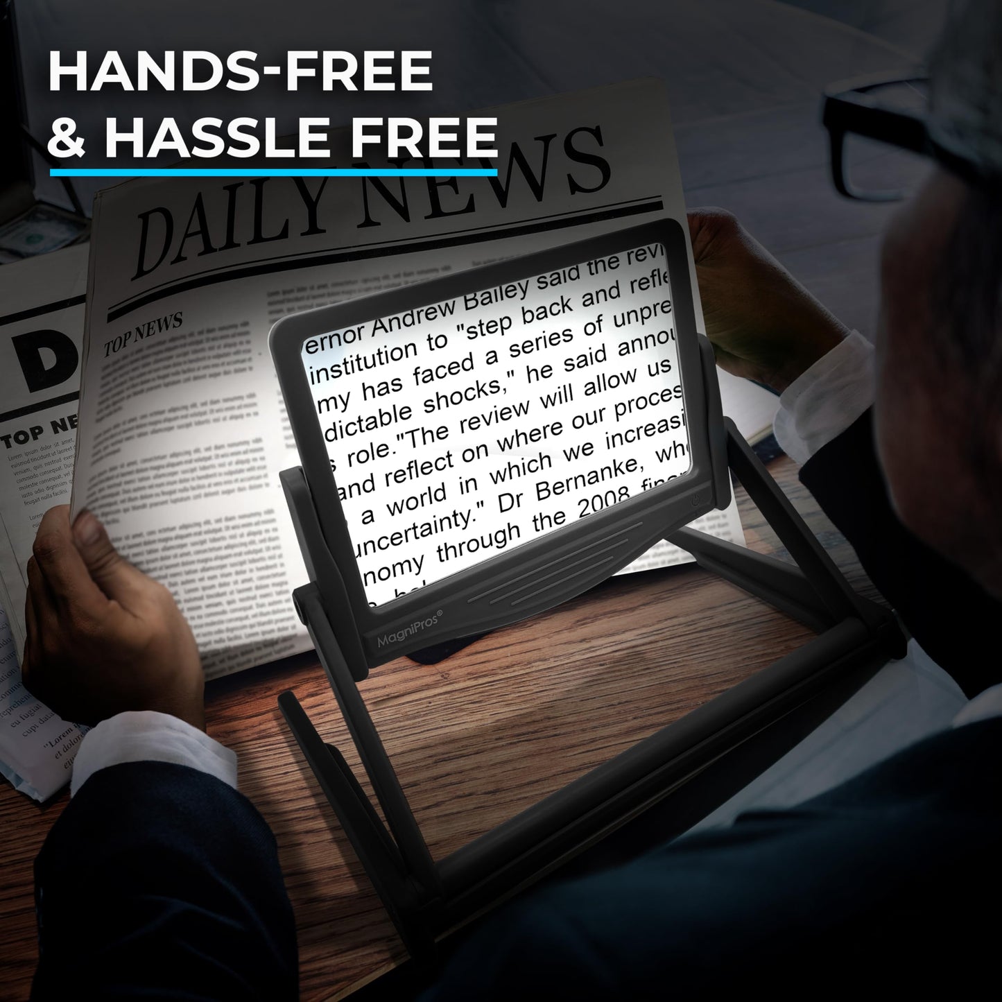 MAGNIPROS Patented 5X Large LED Page Magnifier with Detachable Stand
