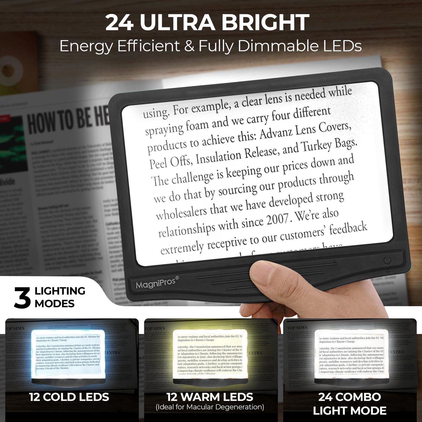 MAGNIPROS Patented 5X Large LED Page Magnifier with Detachable Stand