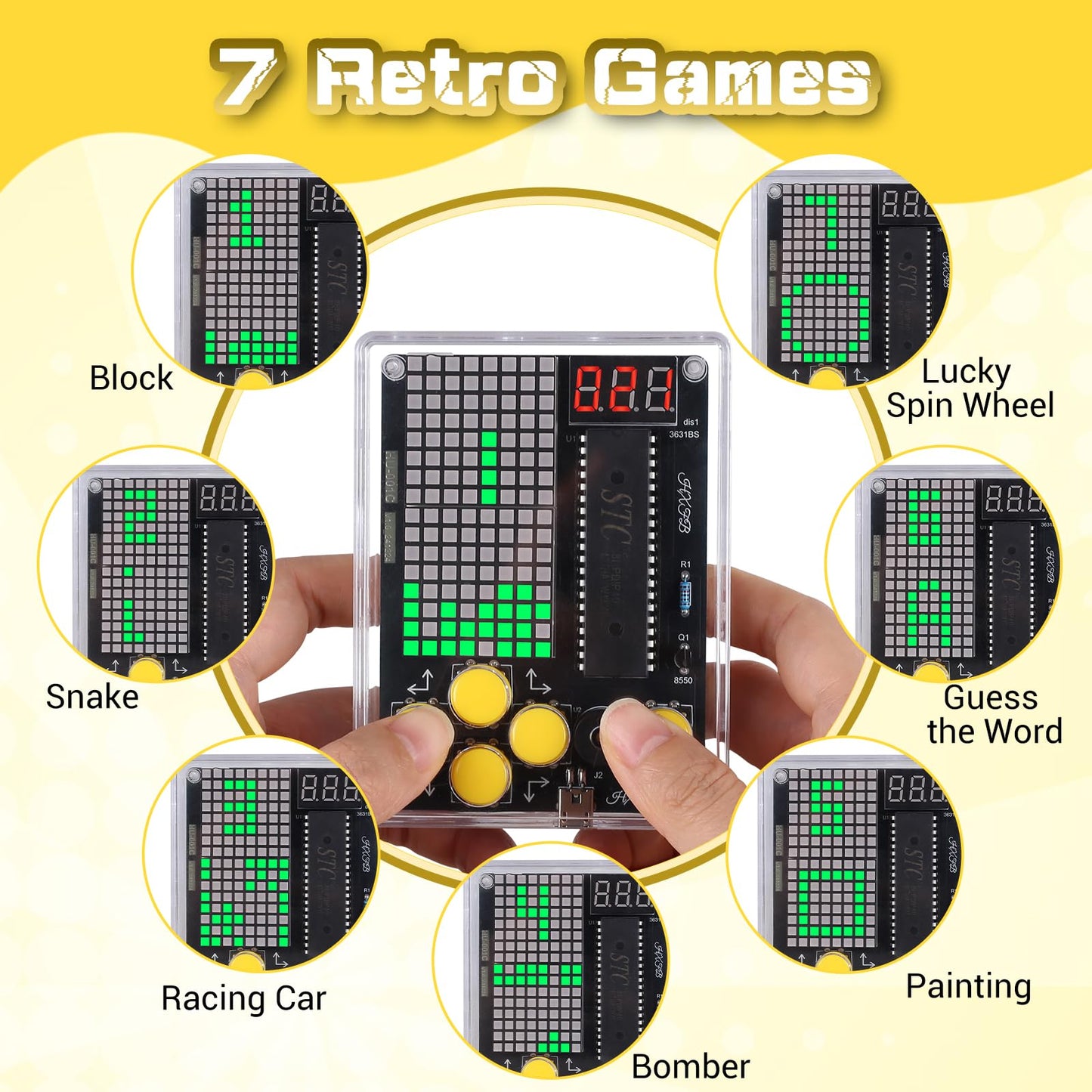 7-in-1 Game Soldering Project Kit, DIY Retro Handheld Game Console Electronics Kit for STEM Learning, 3 Difficulty Levels, Classroom Practice & School Projects for Teens & Students
