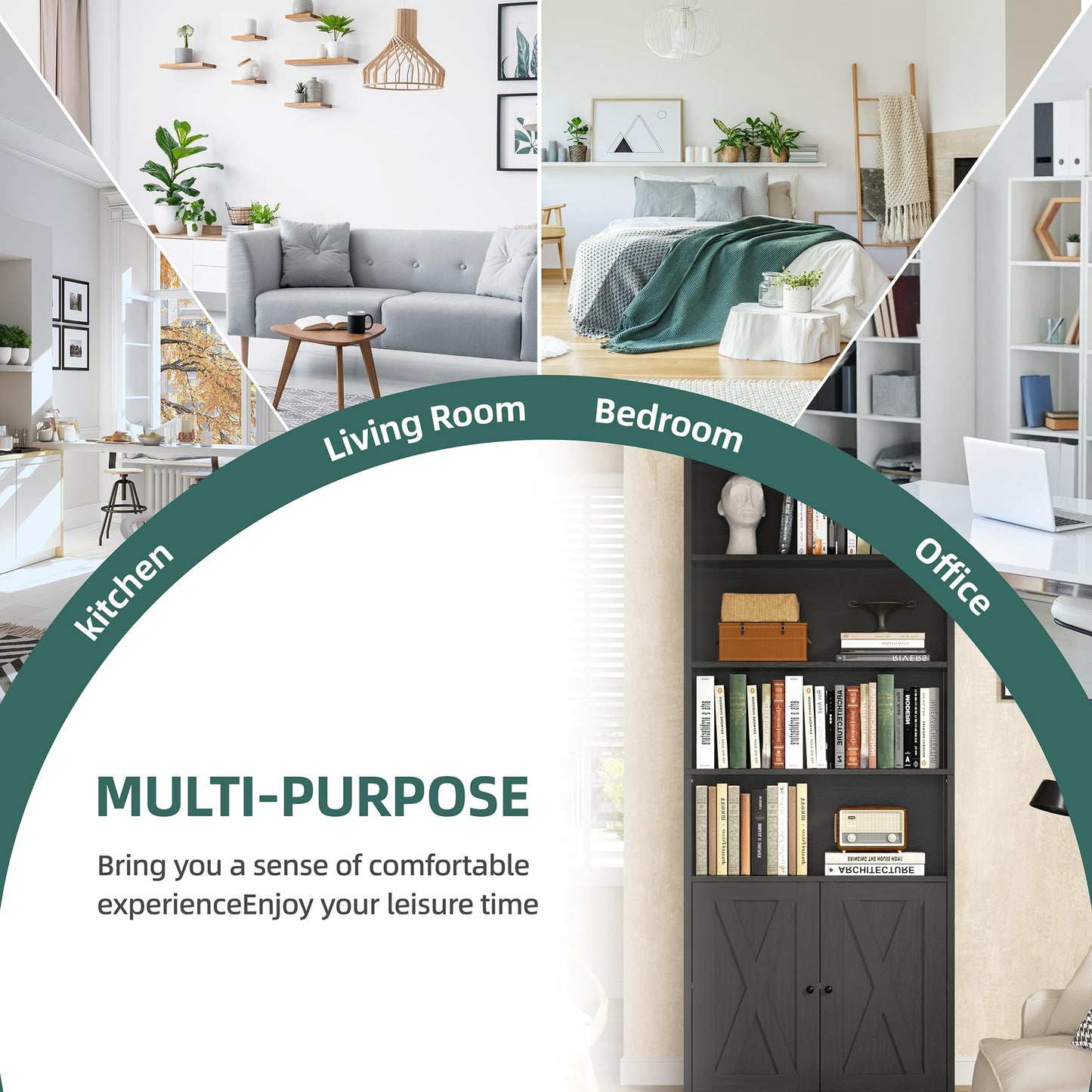 Bookshelf, Industrial Bookshelves and Bookcases with Doors Floor Standing 6 Shelf Display Storage Shelves 70.9 inches Tall Bookcase for Home Office, Living Room (Black)