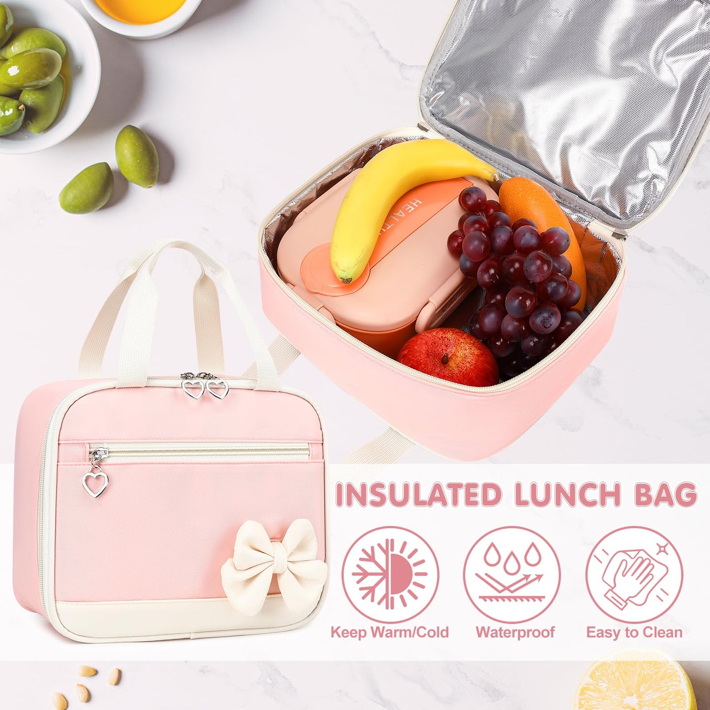 GeeWin Girls Backpack for School Cute Bow with Lunch Box & Pencil Case Set- Pink Beige