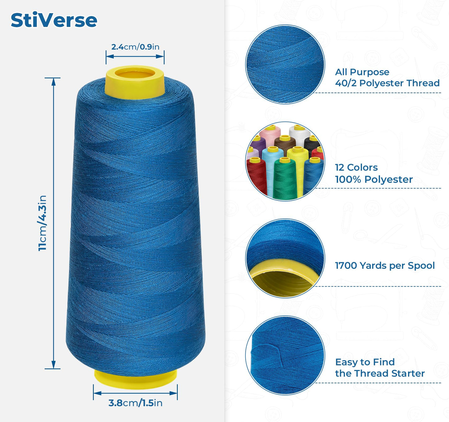 Stiverse 12 Pack Serger Thread Cones, 1800 Yards Each Spool Overlock Thread, PolyesterThread 40s/2 for Serger&Overlock, Quilting, Piecing, Sewing Machine