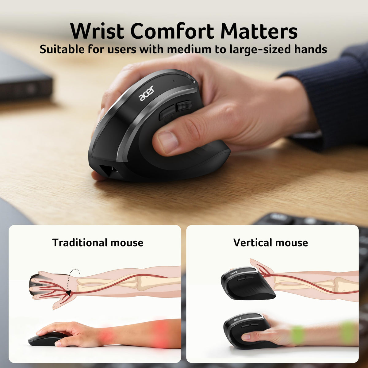Acer Ergonomic Mouse Wireless, Vertical Computer Mouse for Laptop, PC