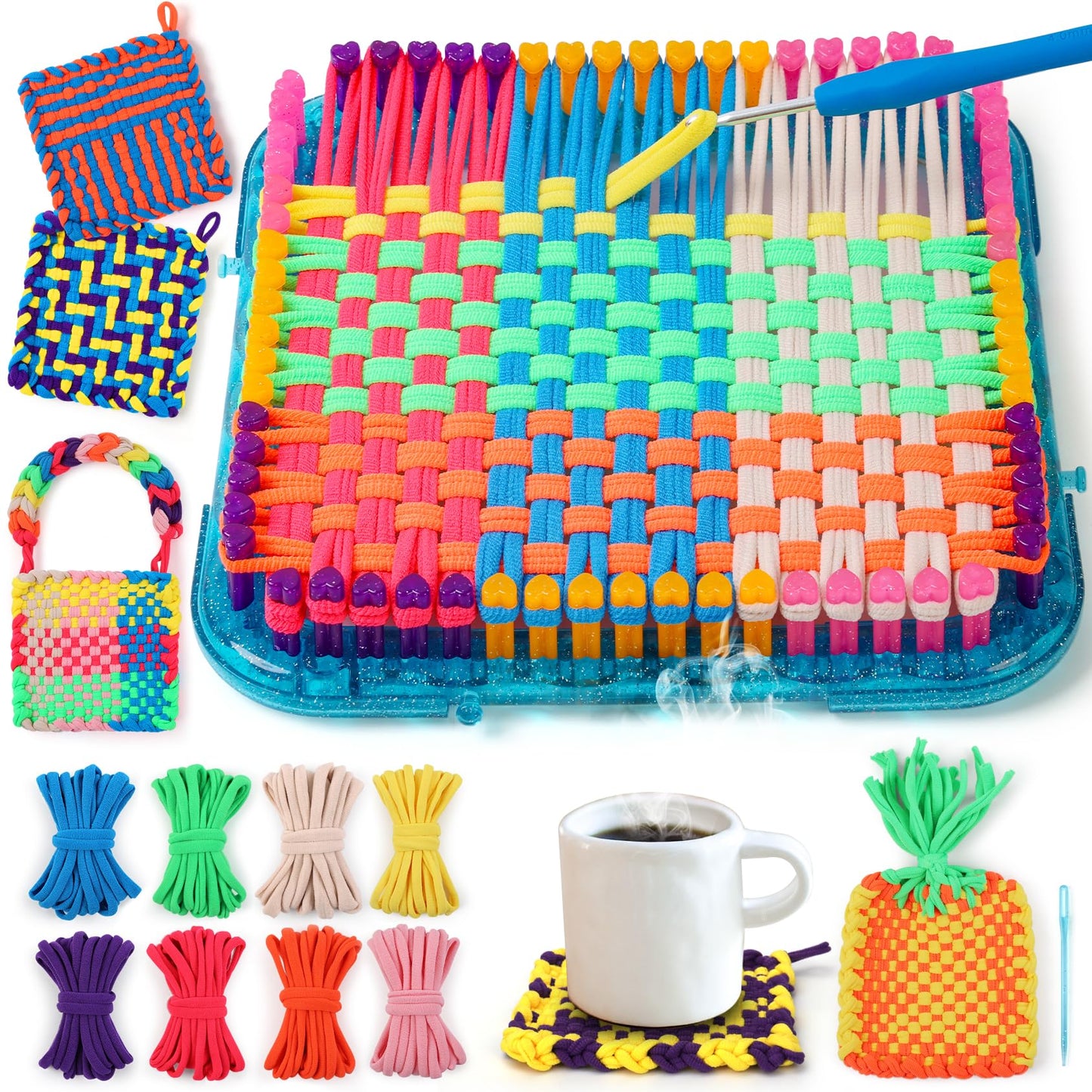 IQKidz Weaving Loom Kit, Easy Potholder Loom Knitting Activity for Beginners, 224 Craft Loops