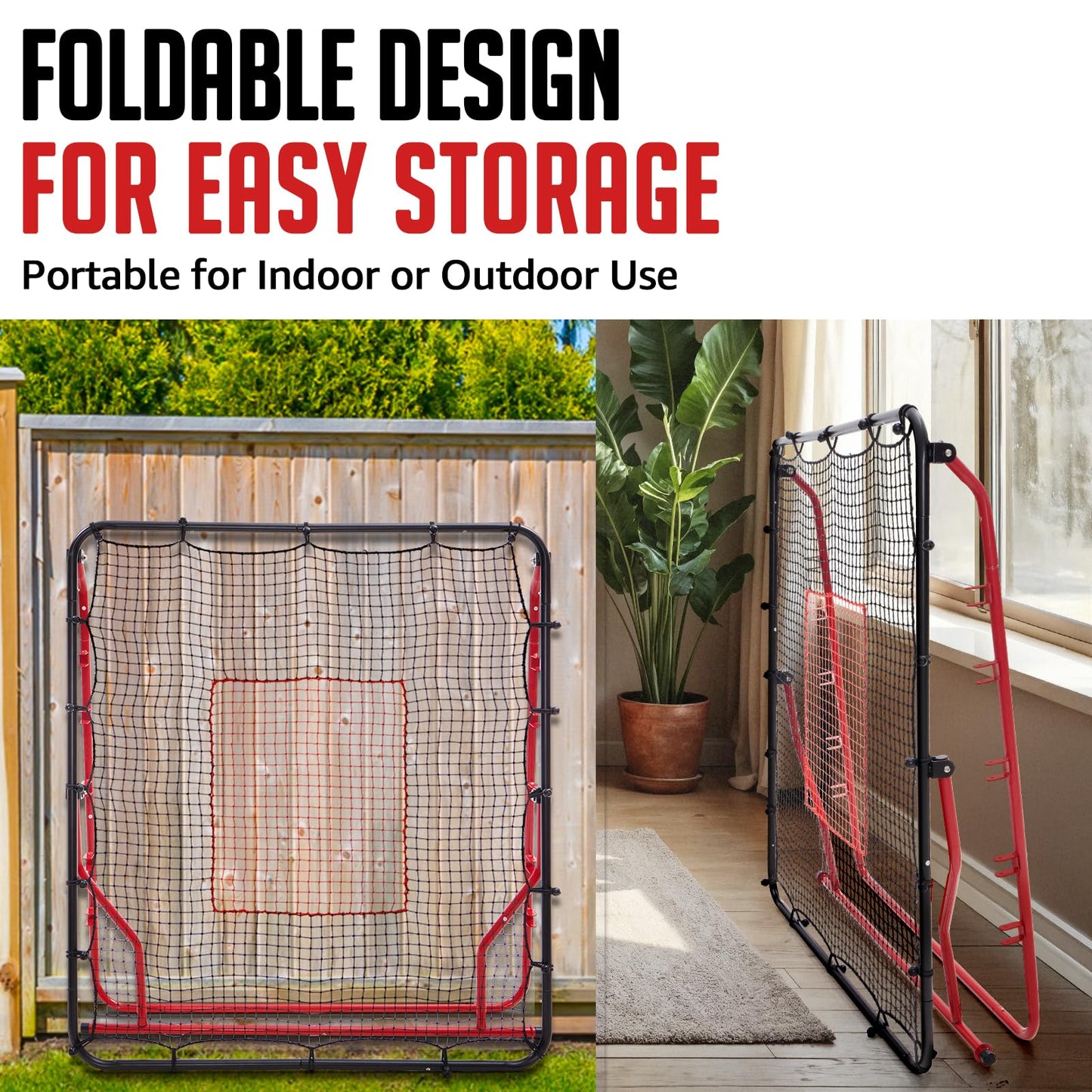 Baseball Rebounder Net, 5 Adjustable Angles 4x4.5FT Pitch Back Baseball Softball Volleyball Rebounder with 2 Strike Zones