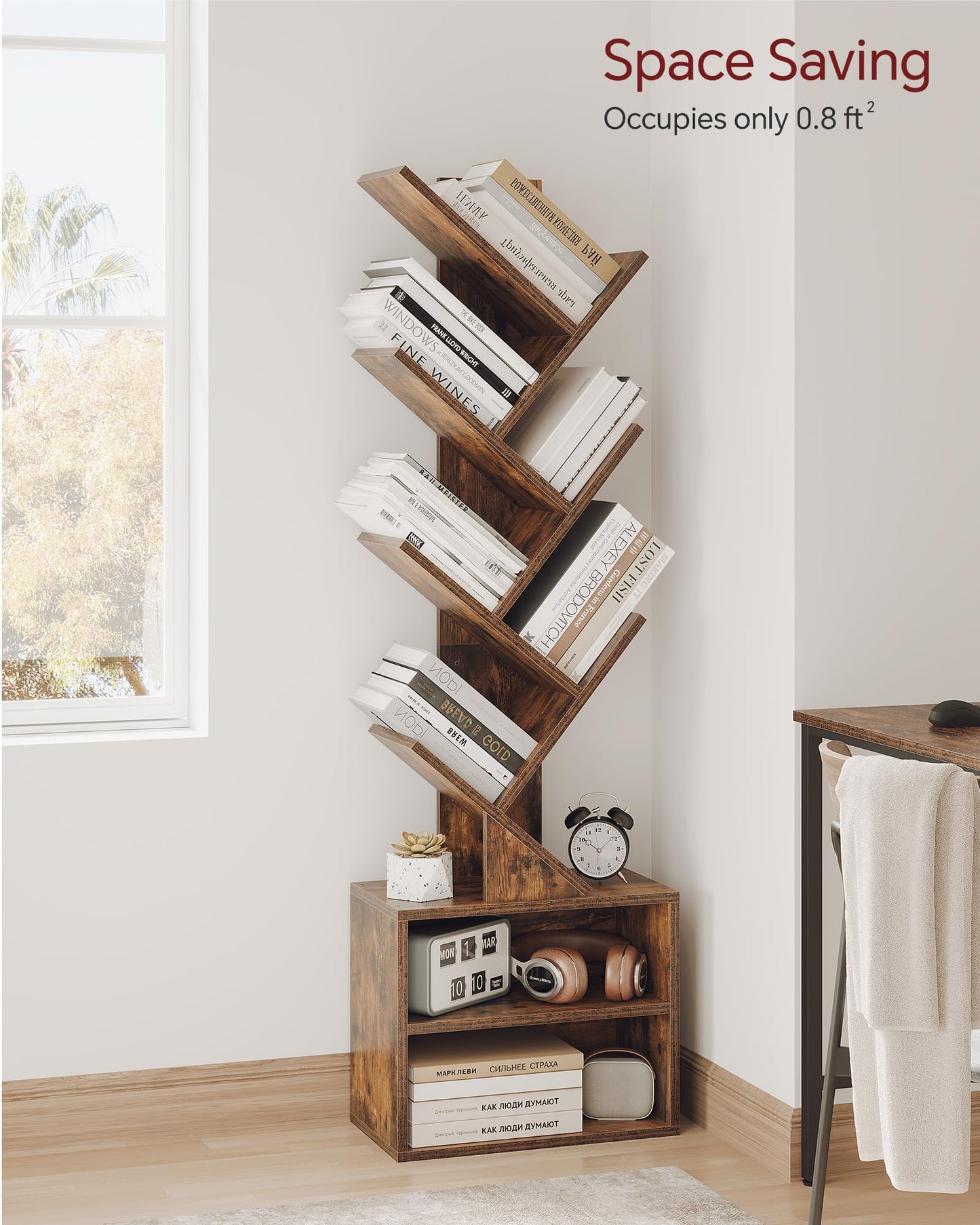 6 Tier Tree Bookshelf, Small Bookcase with Storage Cabinet, Rustic Brown