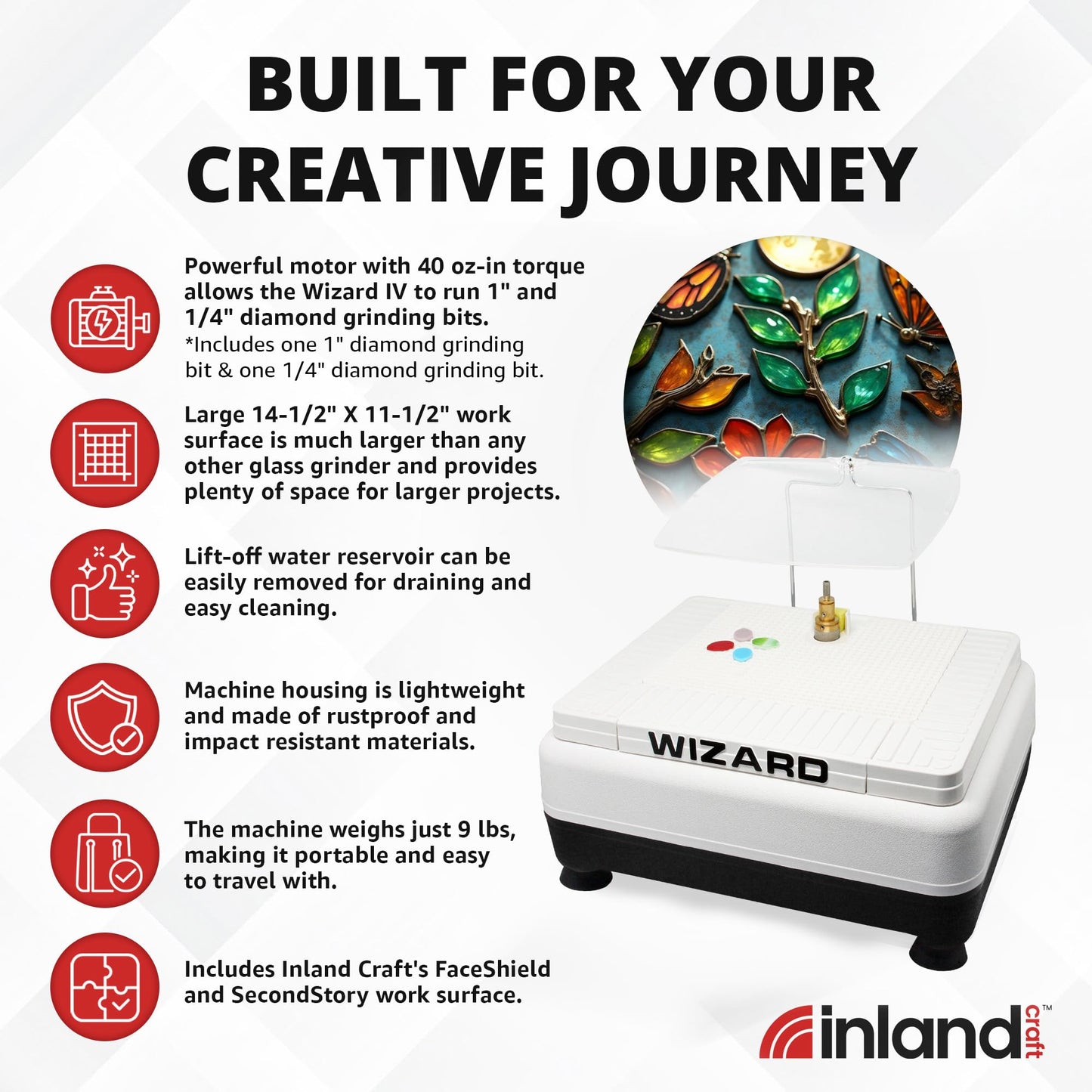 Inland Craft Wizard IV Glass Grinder, Precision Tool for Edging, Shaping & Drilling, Essential Machine for Mosaics, Jewelry & Craft, Includes 2 Diamond Grinding Bits, Portable and Durable, 115V Only