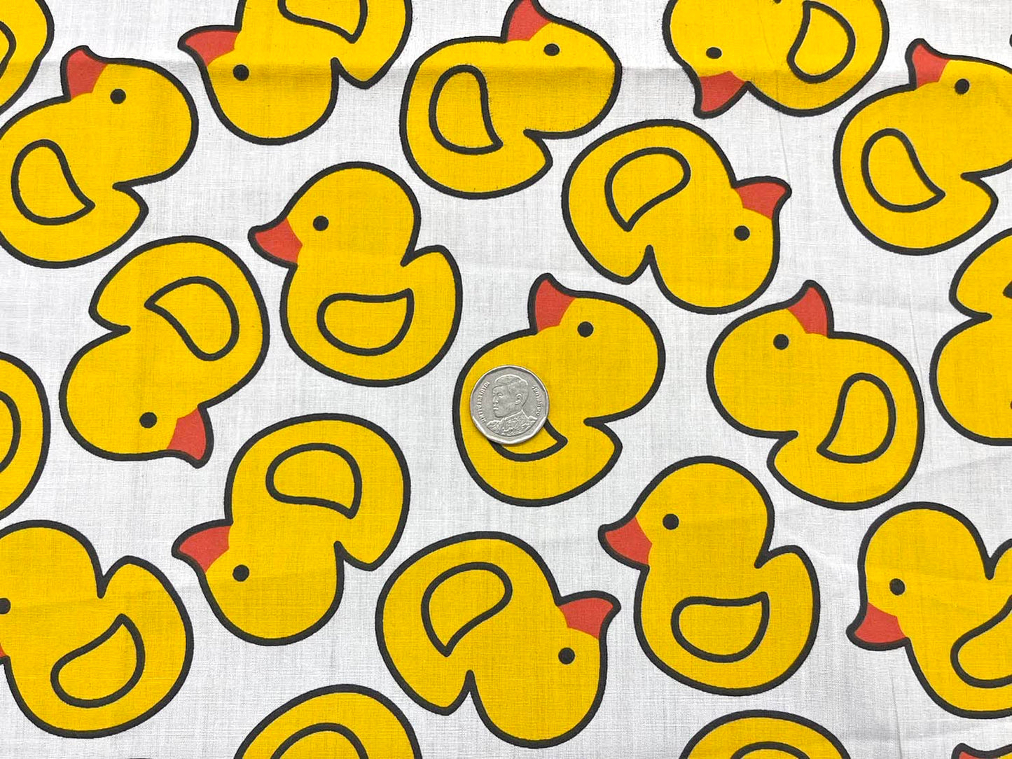 Fabric- 1 yard- Yellow Bird Happy Rubber Duck Printed On White Cotton Fabric