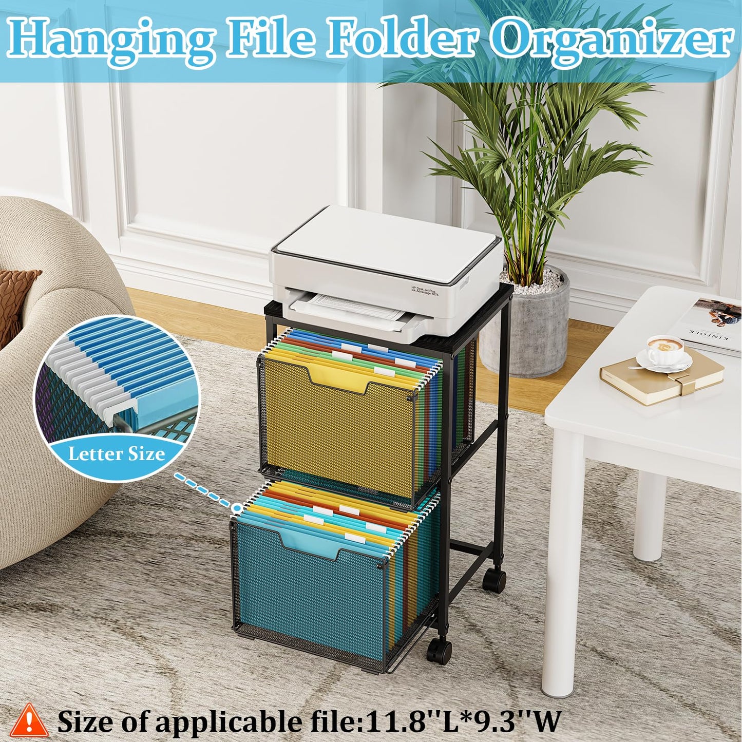 Rolling File Cart with 2 Storage Drawers, Mobile File Cabinet with Wheels, Hanging File Folder Organizer, Under Desk Storage, Printer Stand Utility Cart Filing Cabinet for Home Office,Black