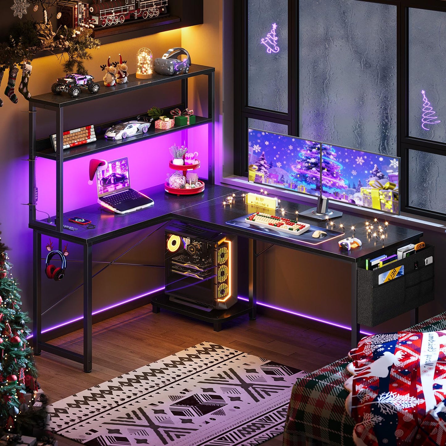 L Shaped Desk with LED Lighting- Black- 53 inch