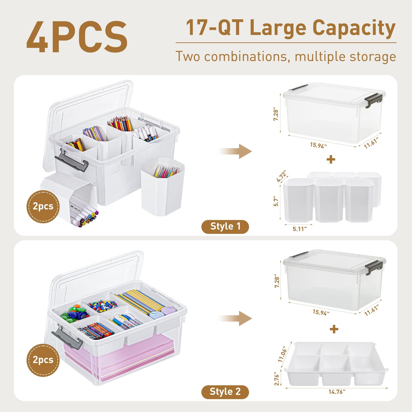 17 QT Plastic Storage Box with Removable Tray and 6 Detachable Tall Inserts, 4 Packs