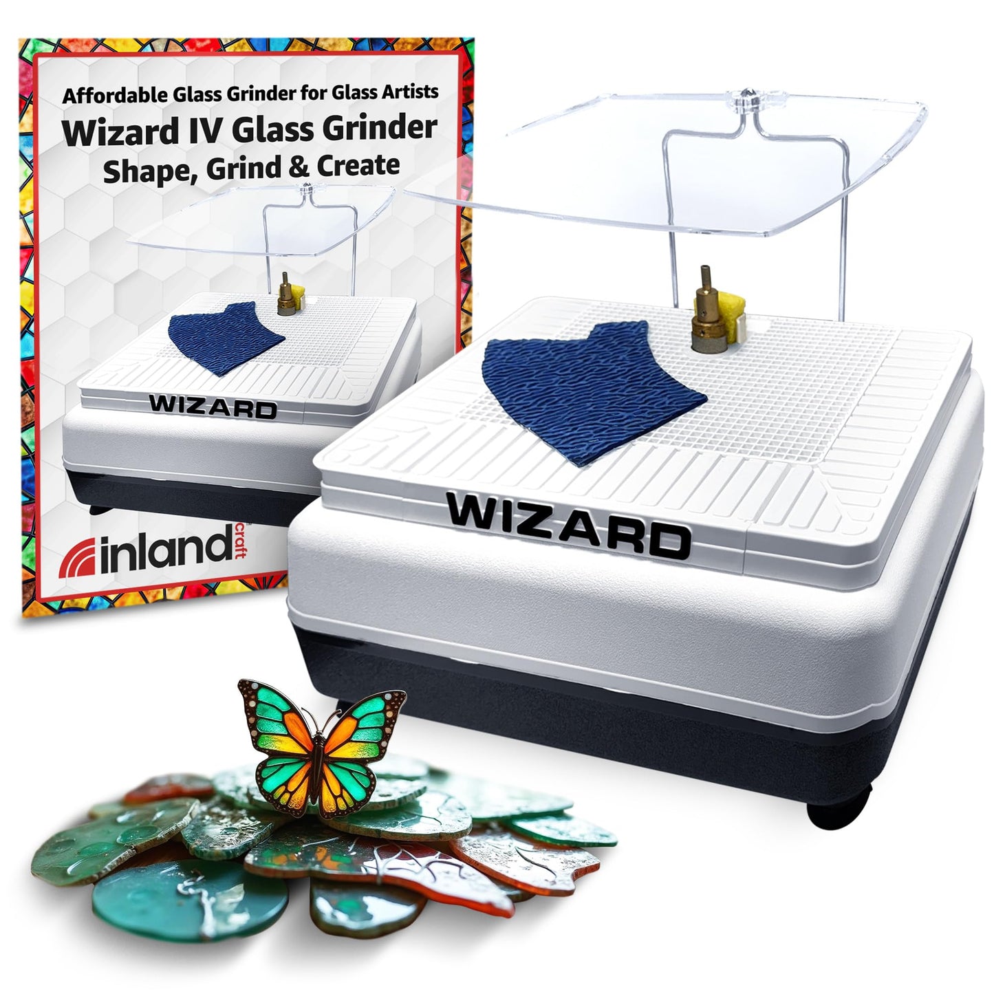Inland Craft Wizard IV Glass Grinder, Precision Tool for Edging, Shaping & Drilling, Essential Machine for Mosaics, Jewelry & Craft, Includes 2 Diamond Grinding Bits, Portable and Durable, 115V Only