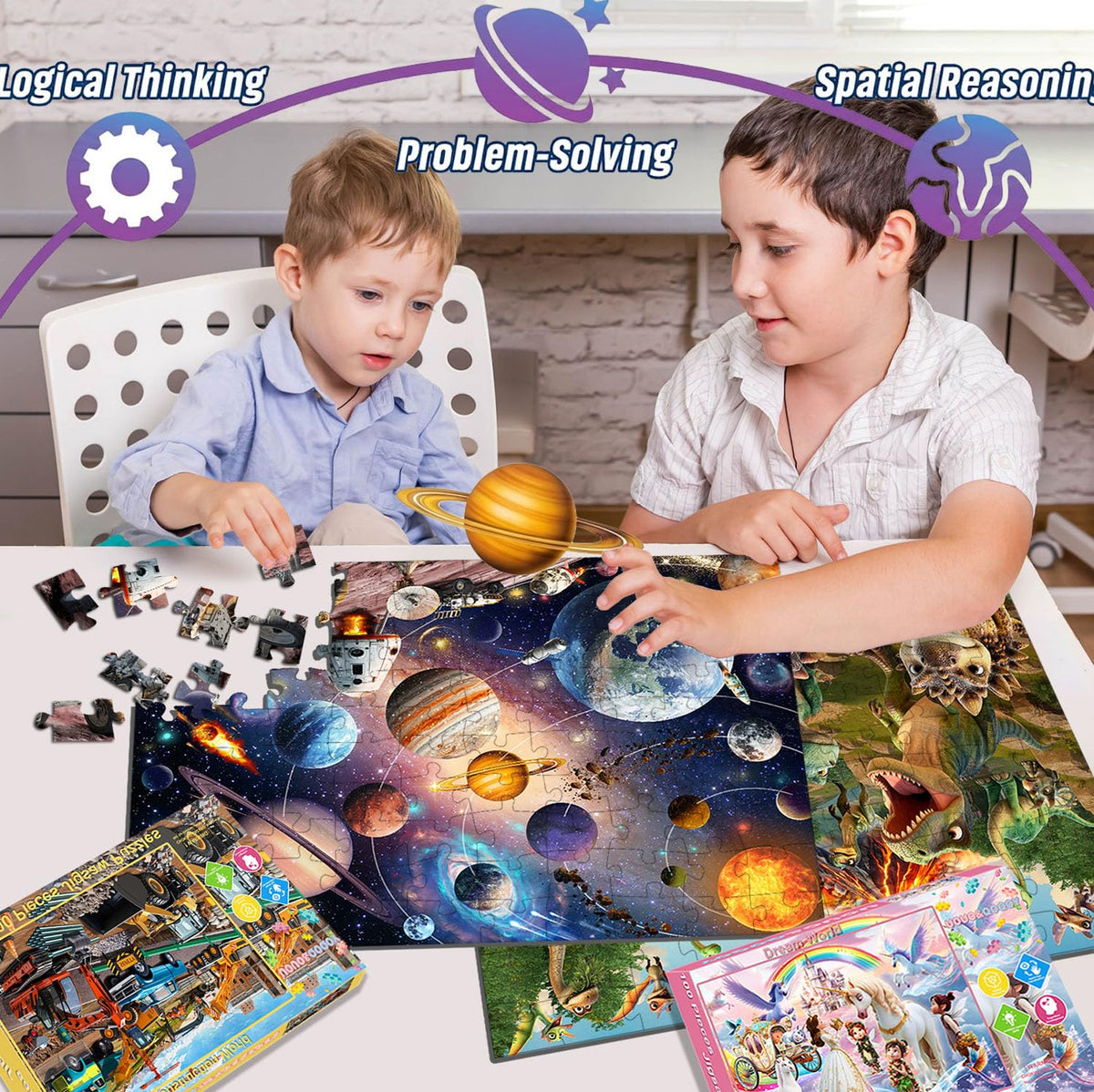 4 Packs 100 Piece Puzzles- space, unicorn dinosaur, equipment