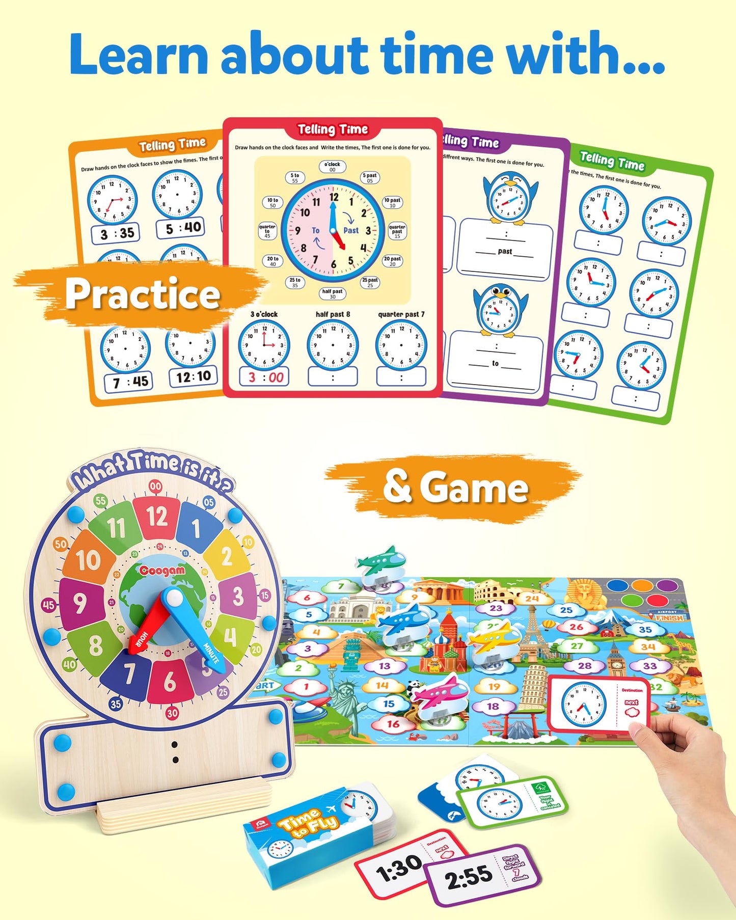 Coogam Wooden Clock Teaching Time, Analog Digital Clock