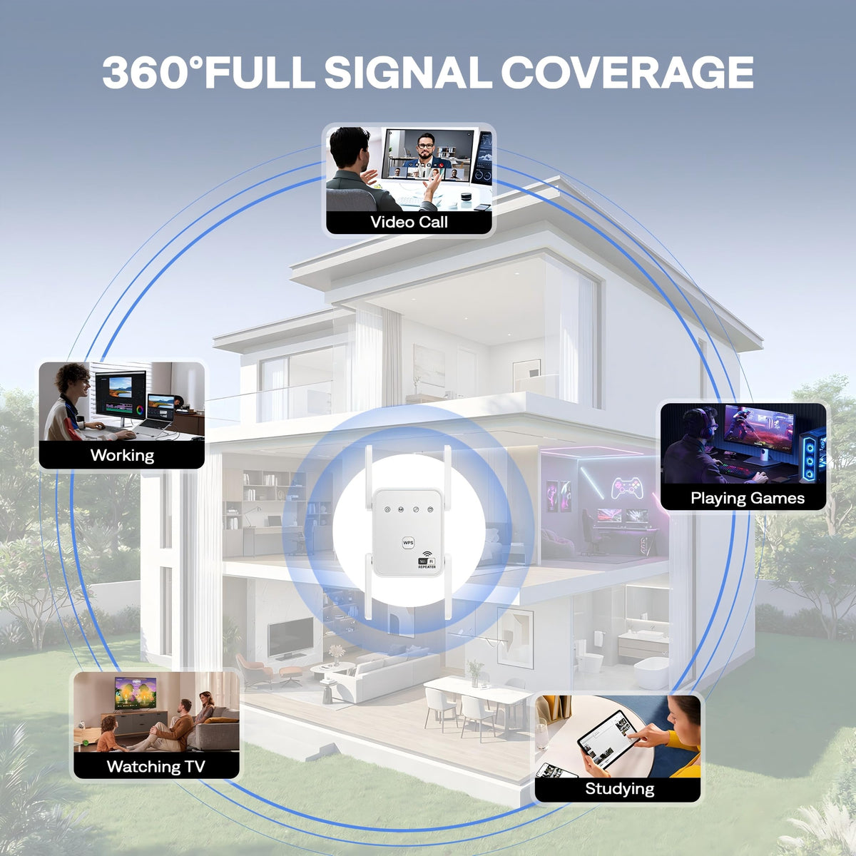 1200Mbps Dual Band WiFi Extender Signal Booster Covers Up to 3600 Sq.ft