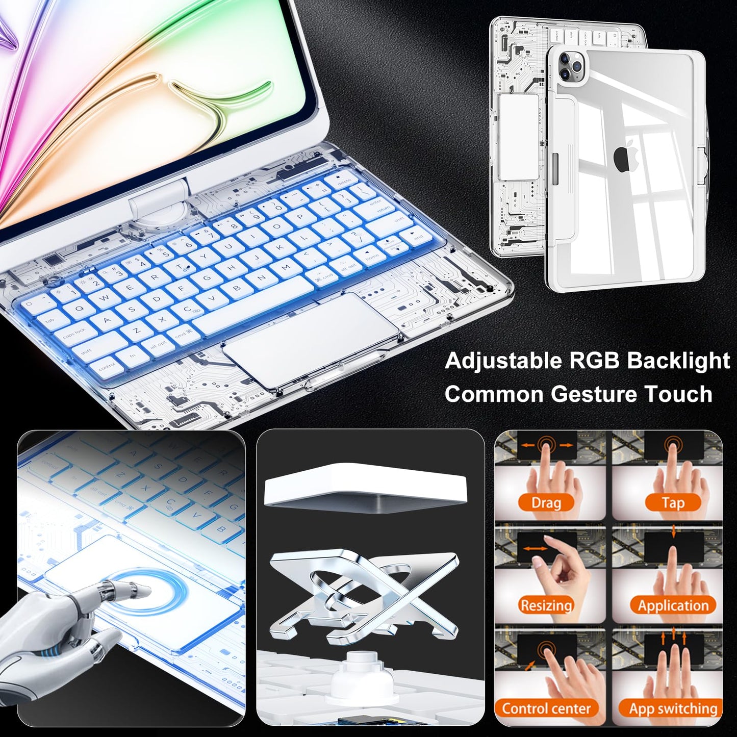 iPad Keyboard Case,for 2022 iPad 10th Generation 10.9-inch and 11th Generation 11-inch(A16,2025) Transparent Keyboard case Featuring RGB backlighting, 360° Rotating trackpad, and Stylus Slot,White