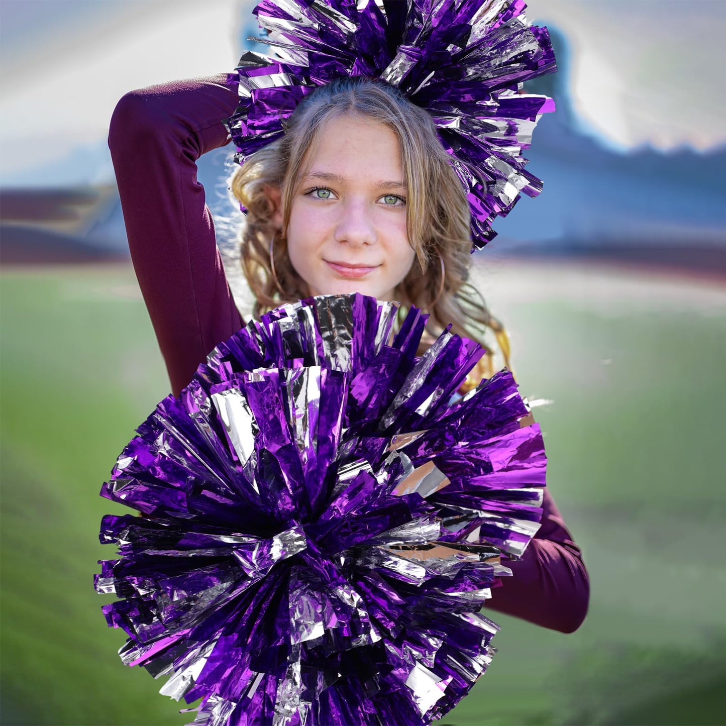 Cheerleading Pom Poms Bulk Metallic Foil Cheerleader with Baton Handle Plastic Ring